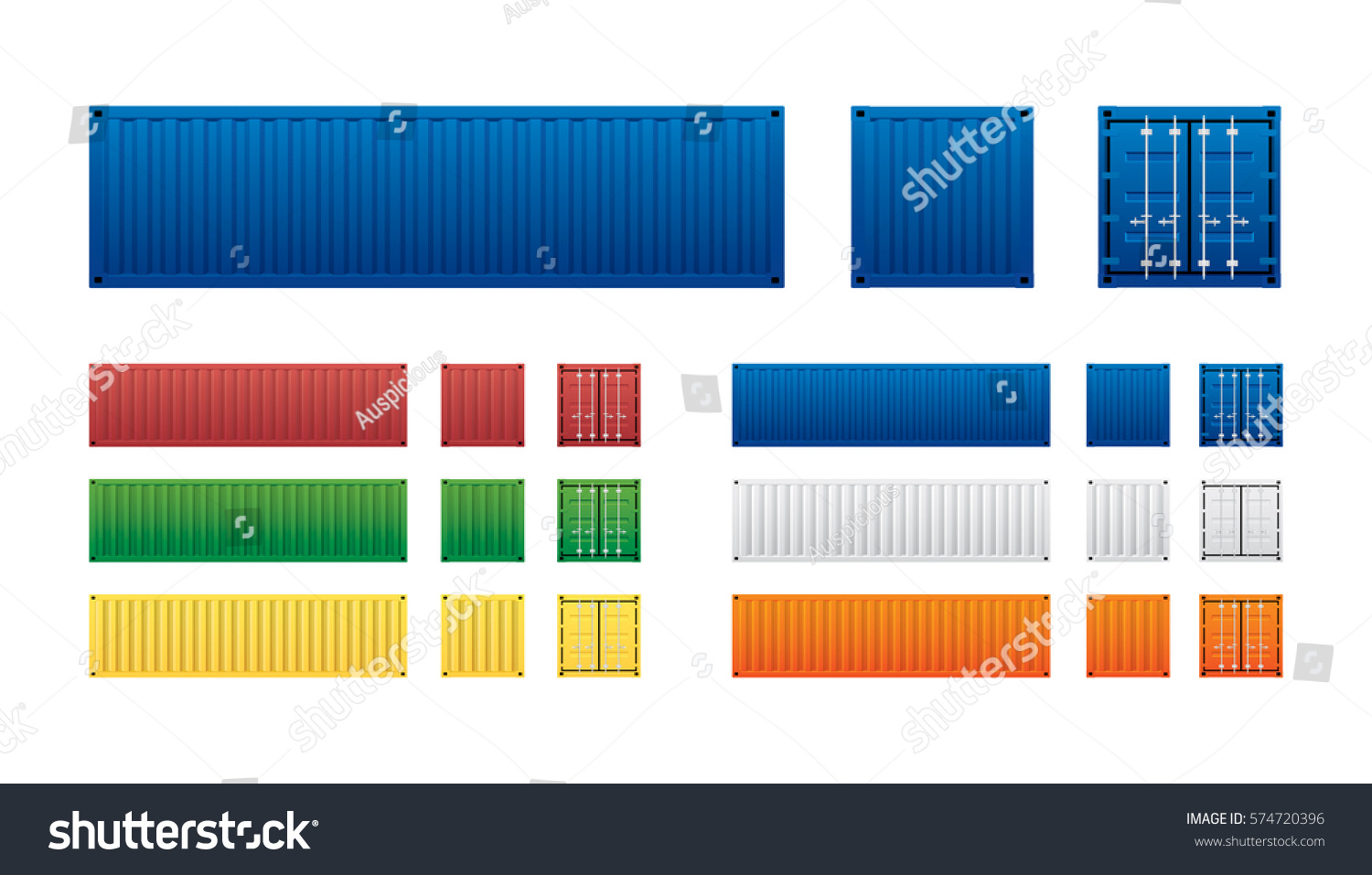 SVG of Vector of colorful cargo shipping containers for freight transport and global logistics in different view isolated on white background. svg