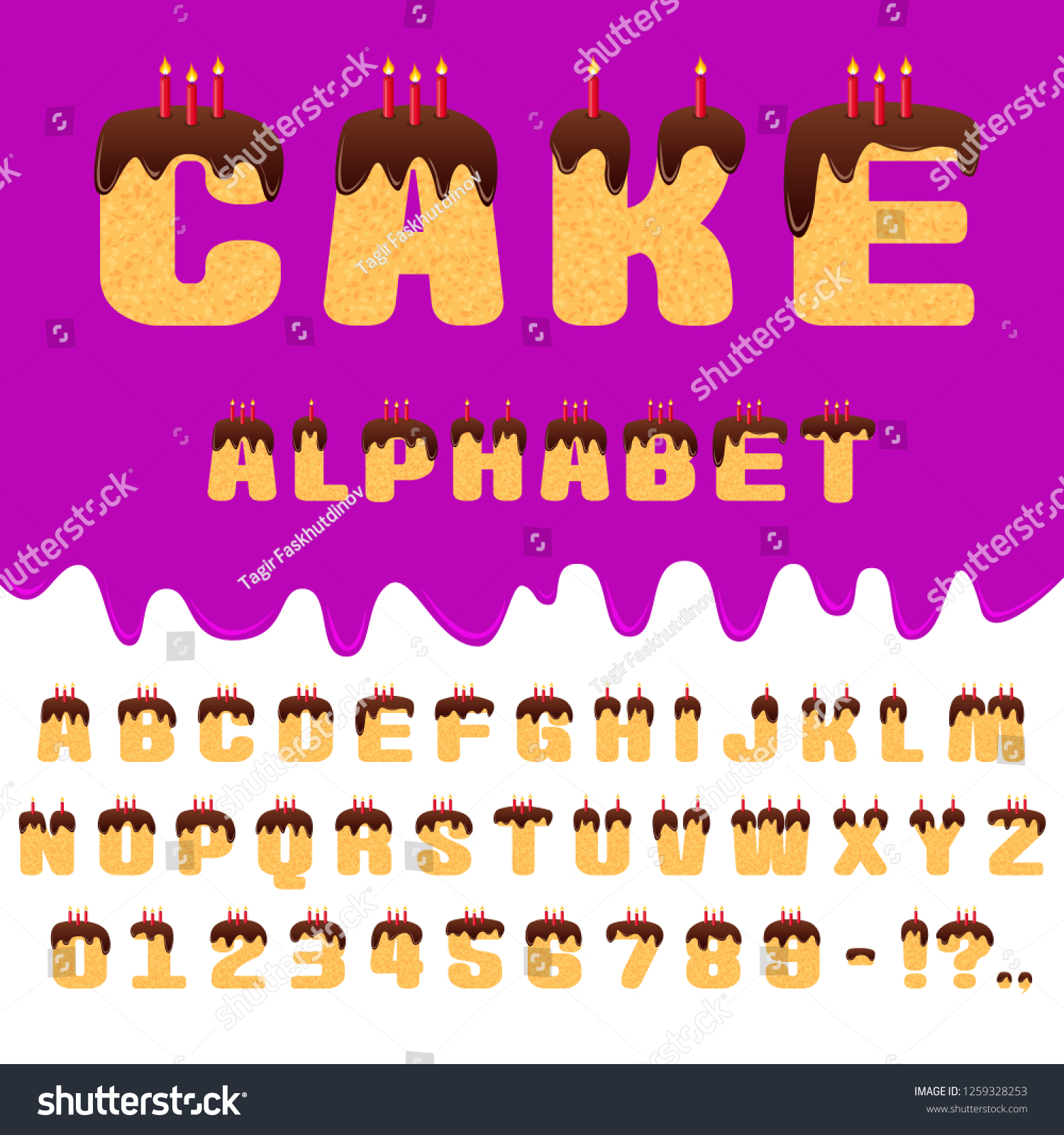 SVG of Vector of creative abstract font and alphabet. A set of alphabet letters and numbers is made of biscuit cake with chocolate icing and festive candles. The font in the form of a cake. EPS 10. svg