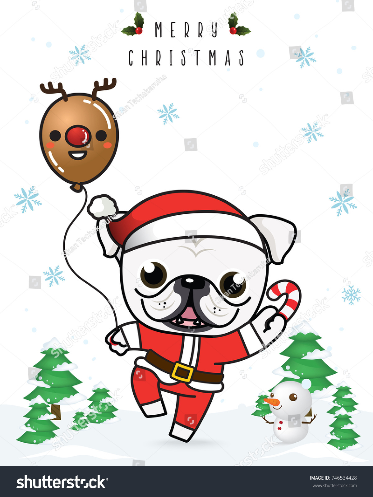 Vector of English Bulldog cartoon in Christmas Santa Claus costume winter season snowflake and