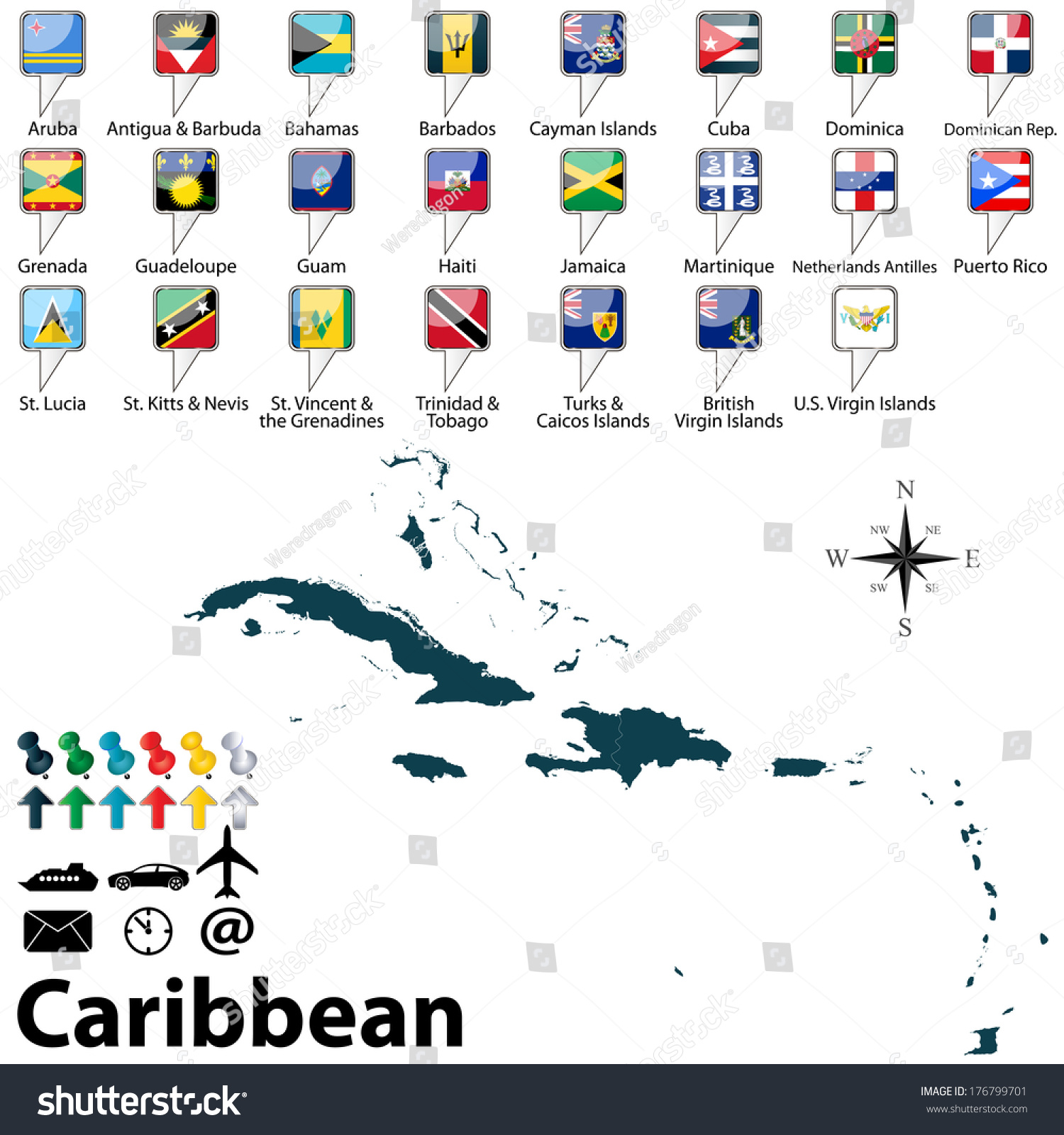 Vector Of Political Map Of Caribbean Set With Buttons Flags On White ...