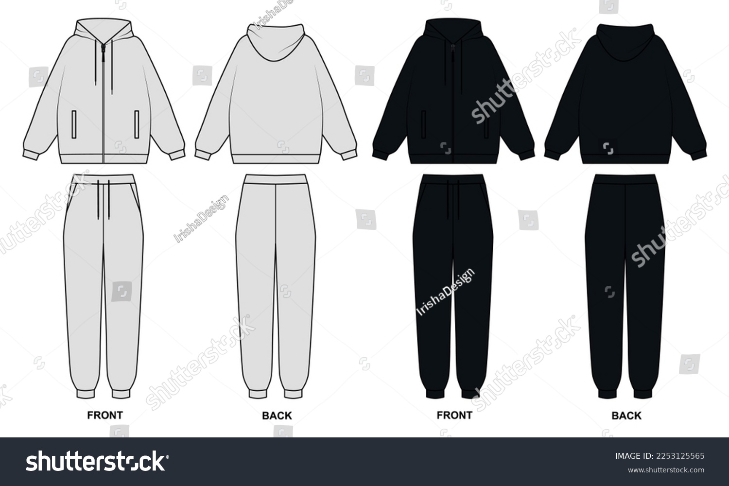 SVG of Vector outline drawing of a hoodie and sweatpants. Tracksuit template front and back view. Sketch of hoodie and joggers on white background, vector. svg