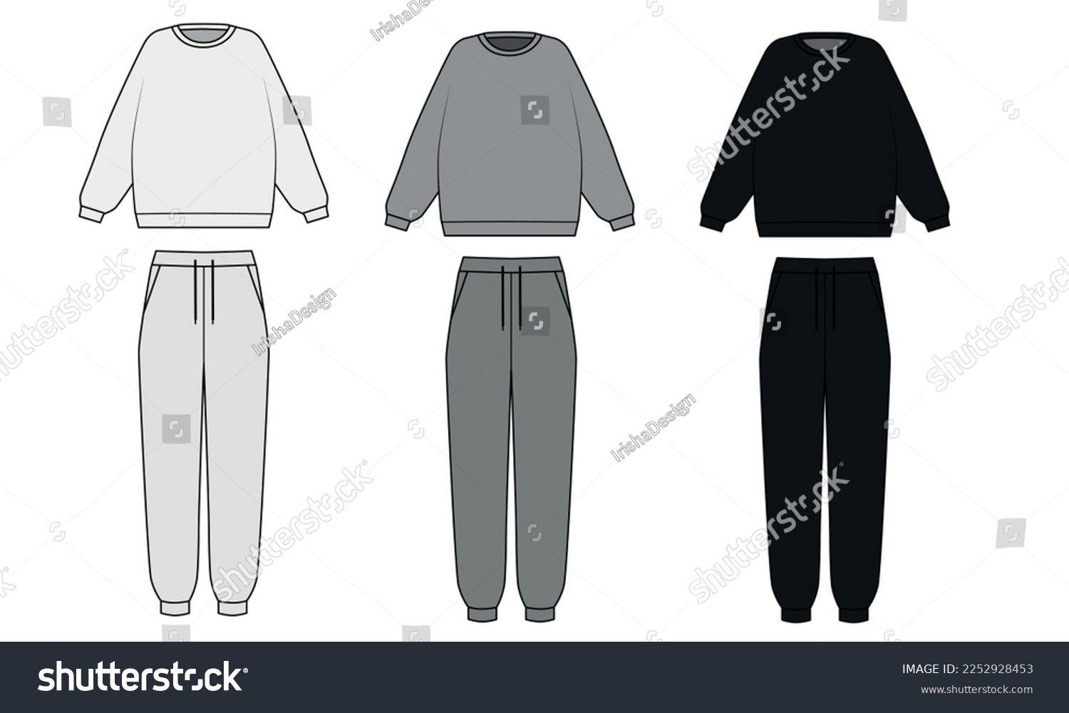 SVG of Vector outline drawing of a sweatshirt and sweatpants. Tracksuit template in grey, white and black colors. Crewneck sweatshirt and joggers sketch on white background, vector. set of clothes for people svg