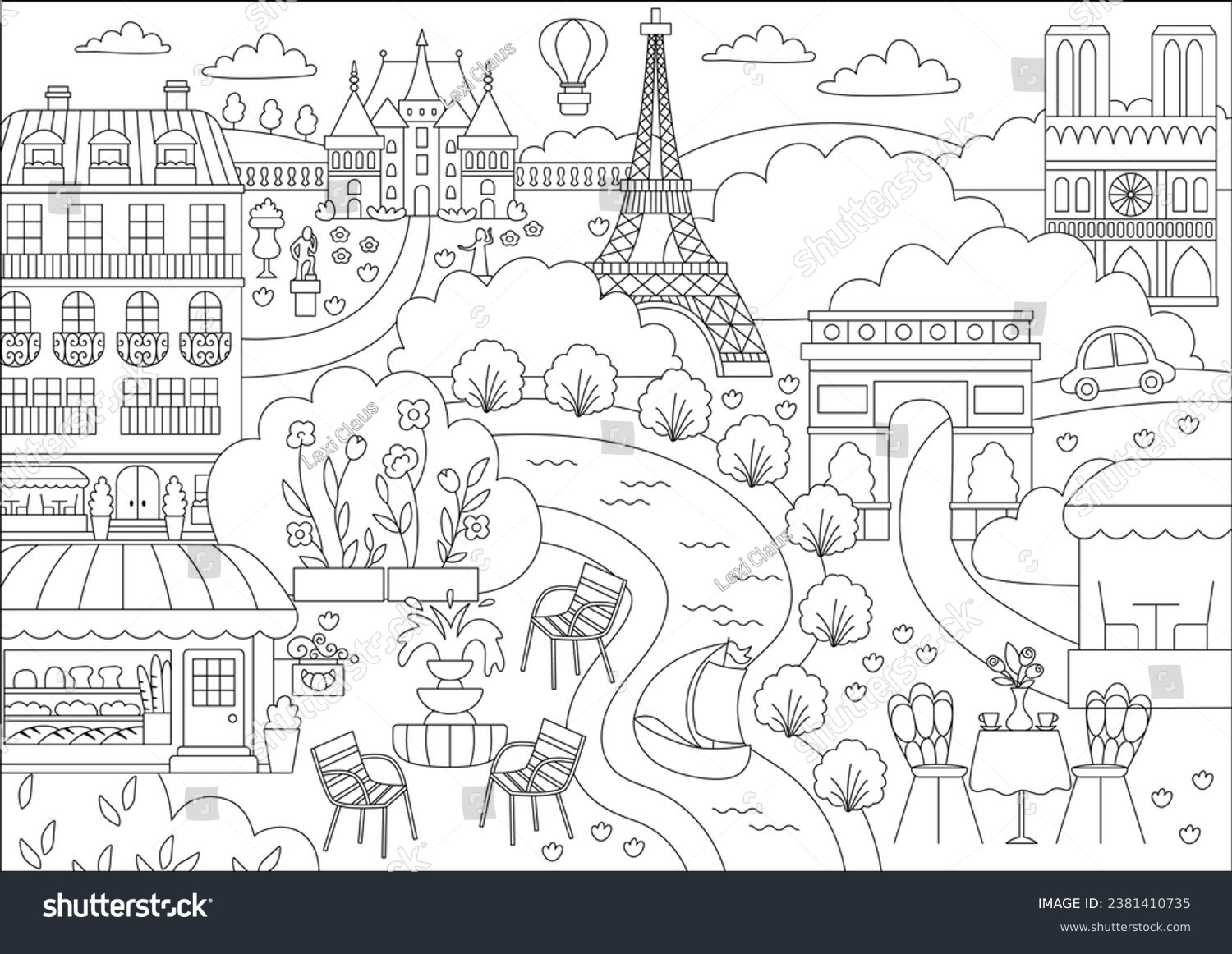 SVG of Vector Paris black and white landscape illustration. French capital city scene with sights, buildings, Eiffel tower, bakery. Cute France line background with river, field, park, castle, palace svg