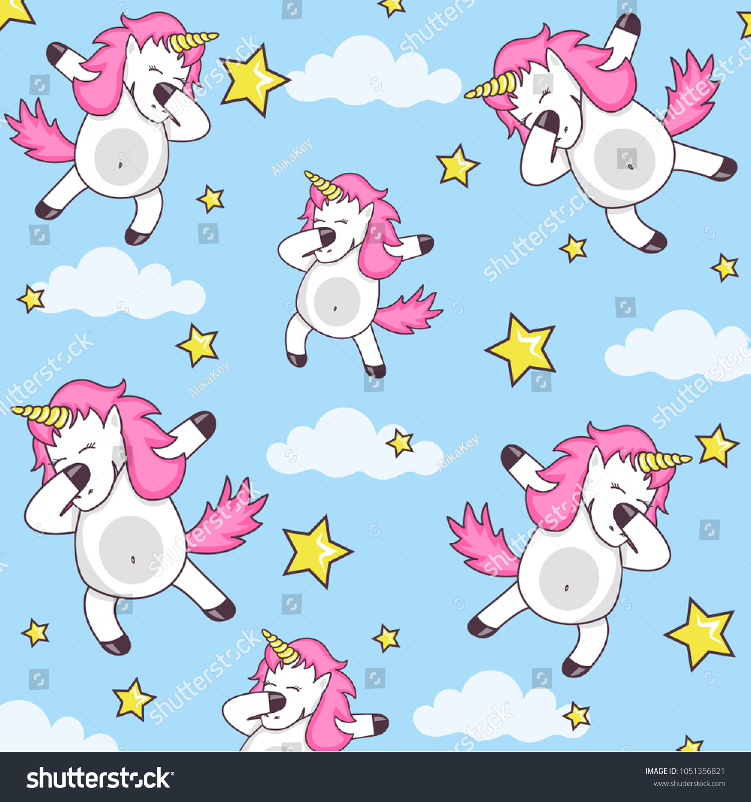 SVG of Vector pattern with cute unicorns, clouds and stars. Magic background with little Dabbing unicorns. Cute funny unicorn dancing dab vector cartoon illustration. svg