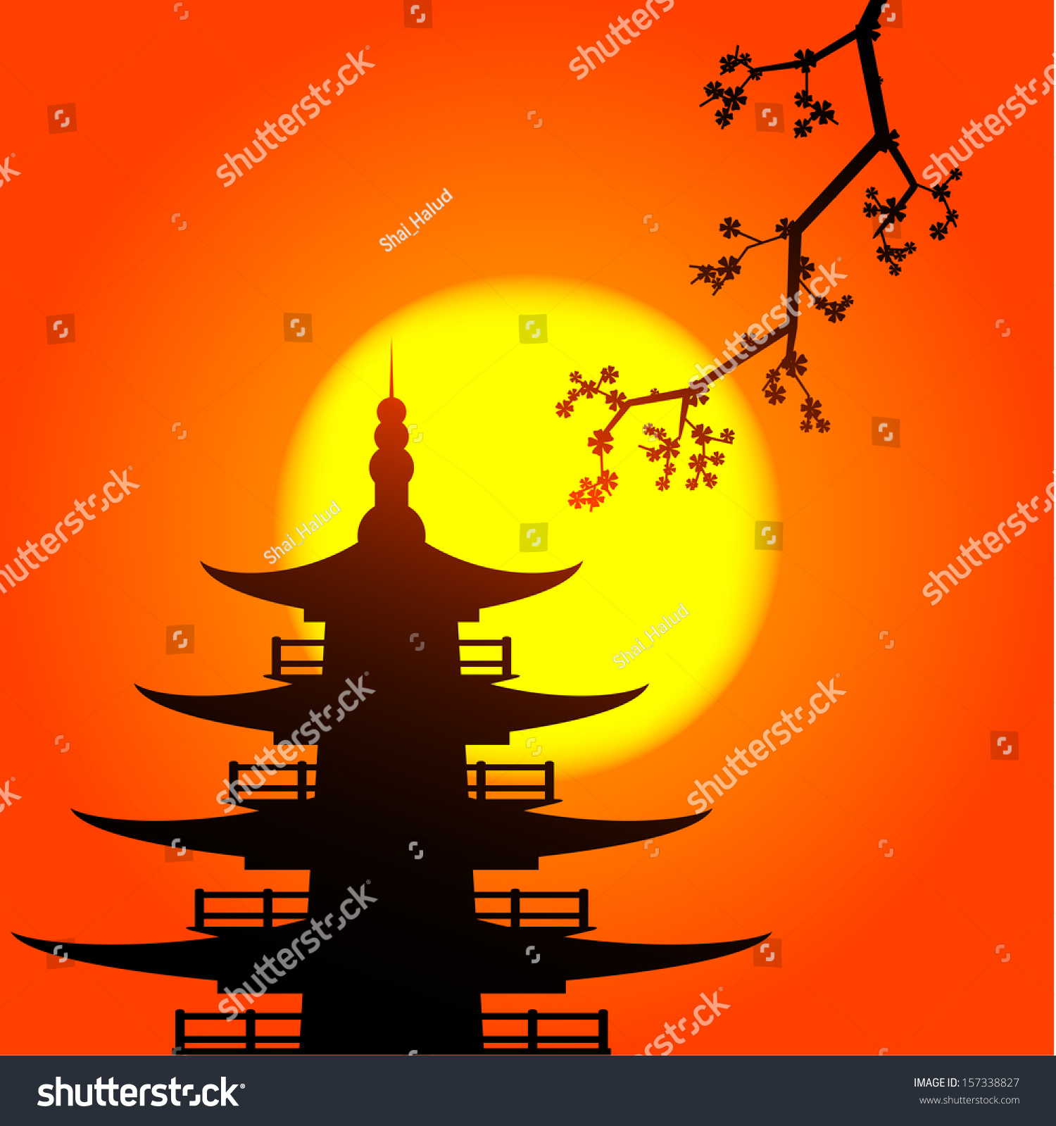 Vector Picture Pagoda Sakura Silhouettes Rising Stock Vector 157338827 ...