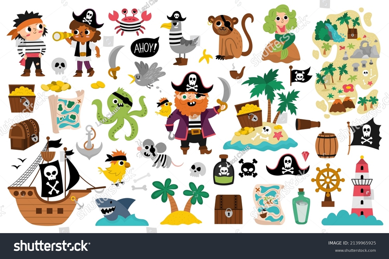 SVG of Vector pirate set. Cute sea adventures icons collection. Treasure island illustrations with ship, captain, sailors, chest, map, parrot, monkey, map. Funny pirate party elements for kids.
 svg