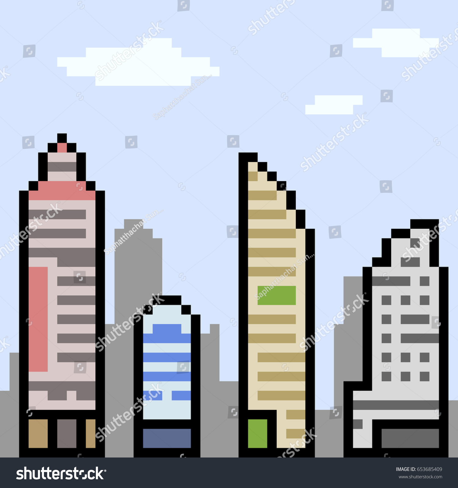Vector Pixel Art City Building Stock Vector (Royalty Free) 653685409 ...