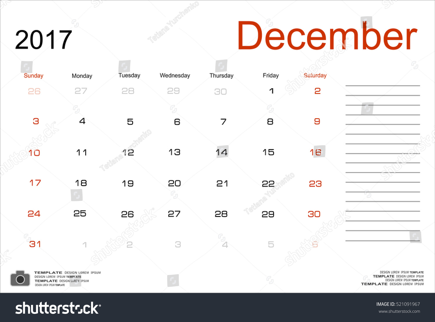 Vector Planning Calendar December 2017 Monthly Stock Vector (Royalty ...