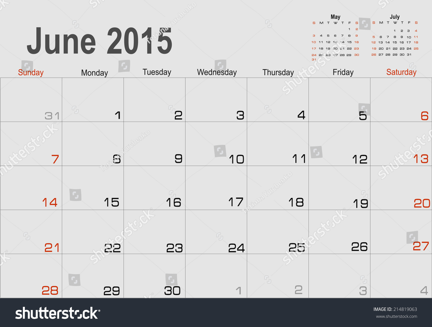 Vector Planning Calendar June 2015 - 214819063 : Shutterstock