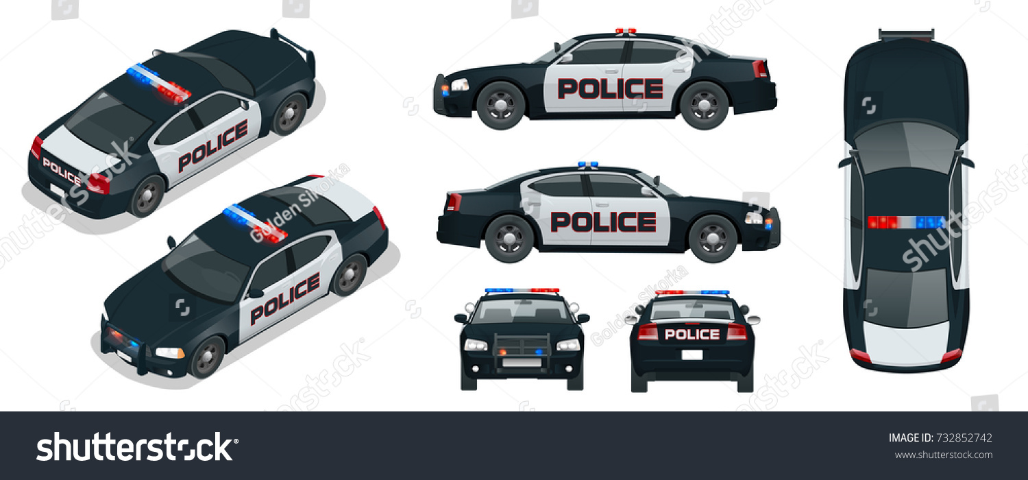 SVG of Vector Police car with rooftop flashing lights, a siren and emblems. Template isolated illustration. View front, rear, side, top and isometric. Change the color in one click svg