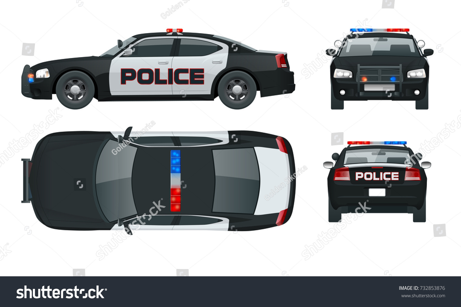 SVG of Vector Police car with rooftop flashing lights, a siren and emblems. Template isolated illustration. View front, rear, side, top. Change the color in one click. svg