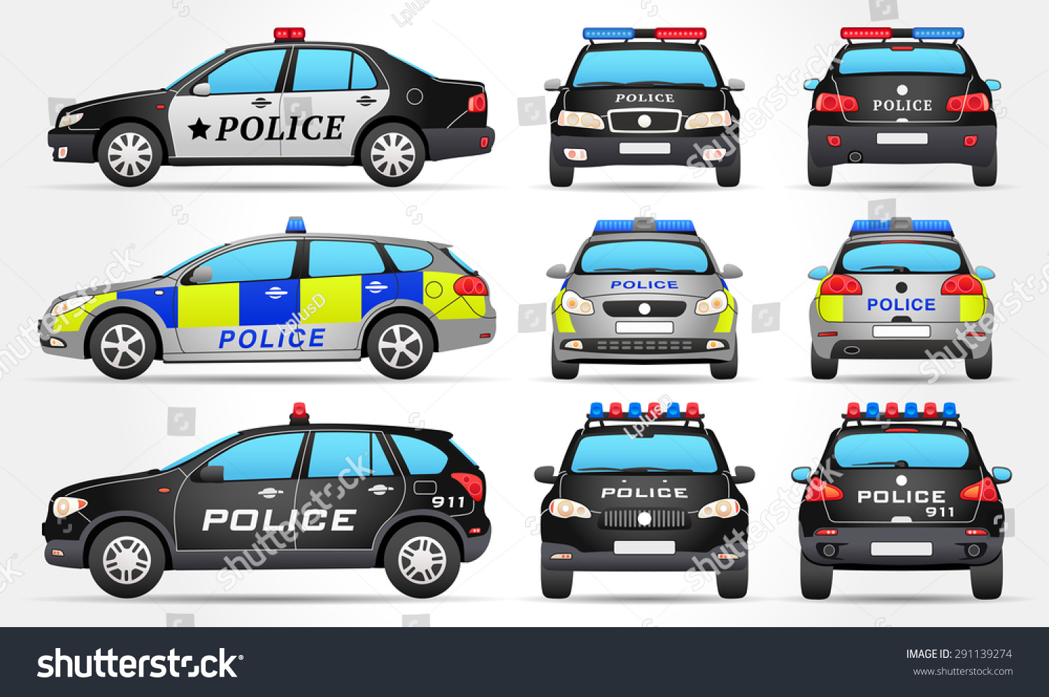 SVG of Vector Police Cars - Side - Front - Back view svg