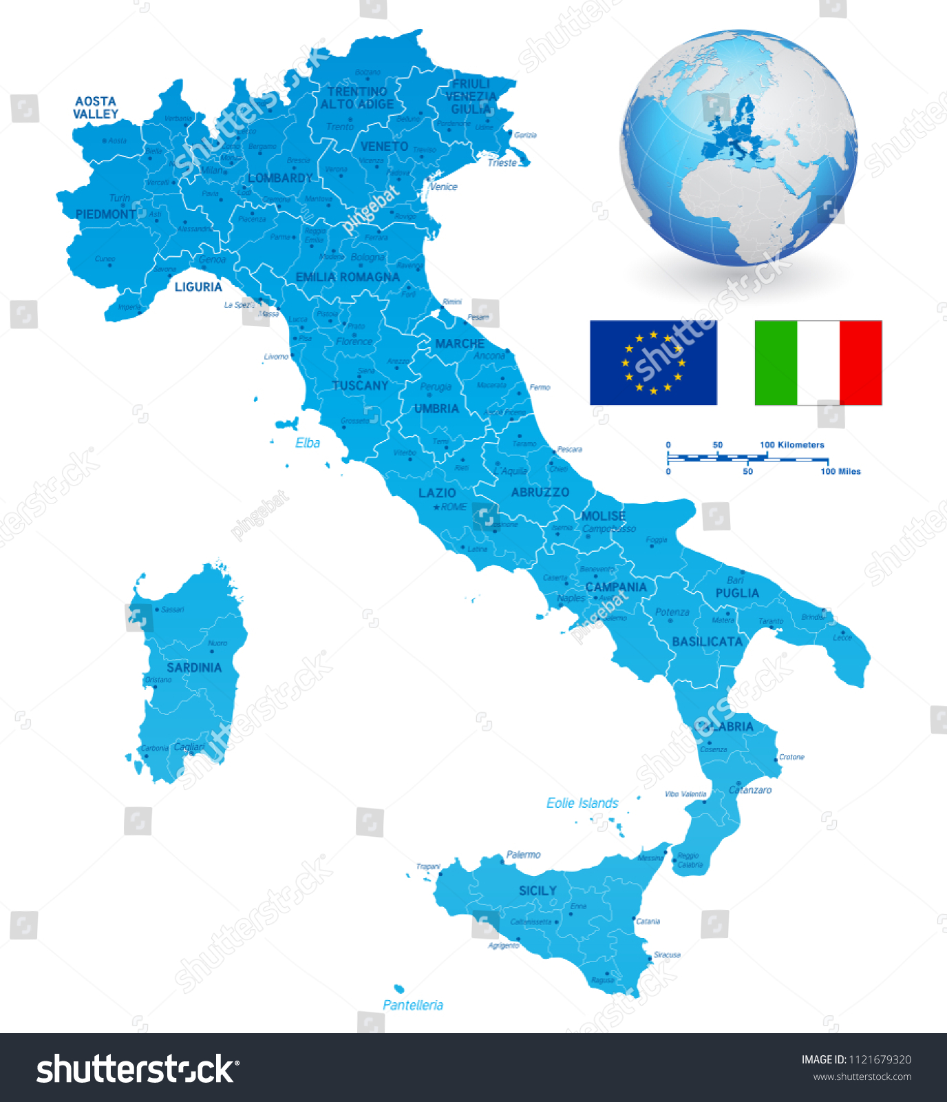 Stock Vector Vector Political Map Of Italy With Full Region And Provinces Boundaries Completed With Flags And A 1121679320 
