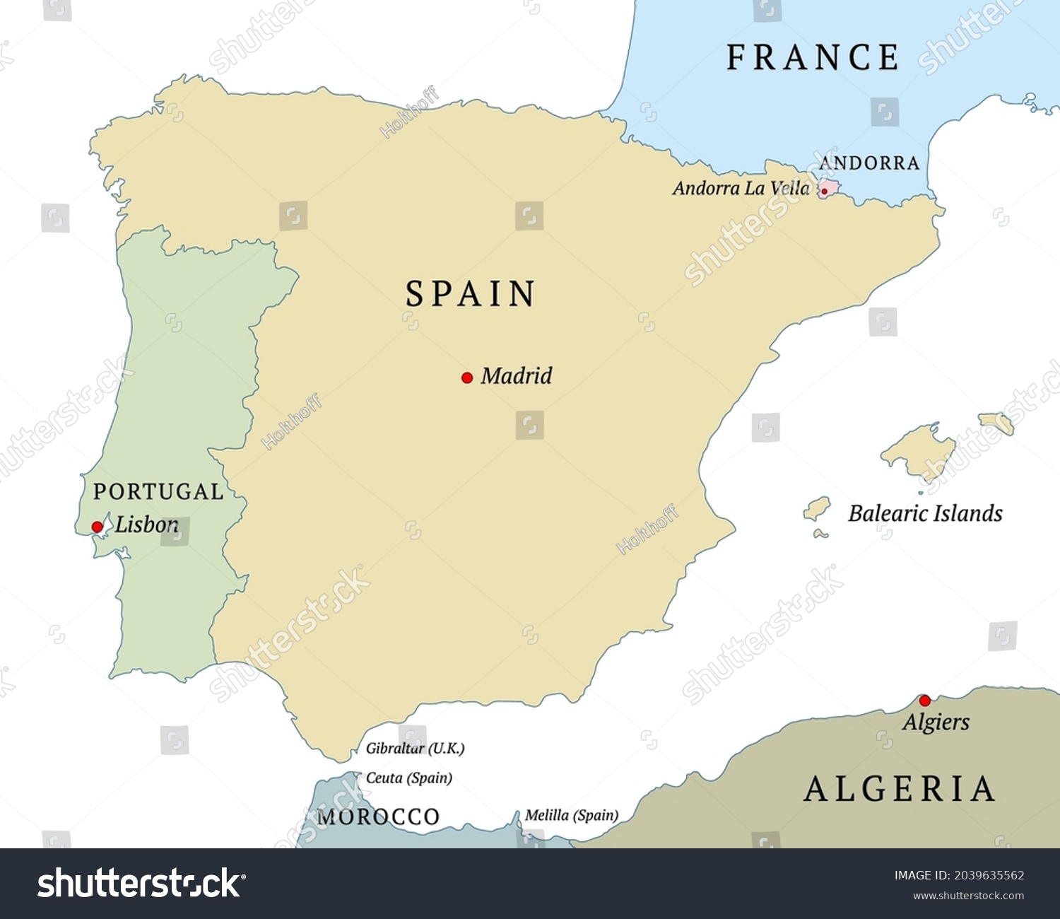 Stock Vector Vector Political Map Of The Iberian Peninsula Countries And Their Capitals English Labeling All 2039635562 