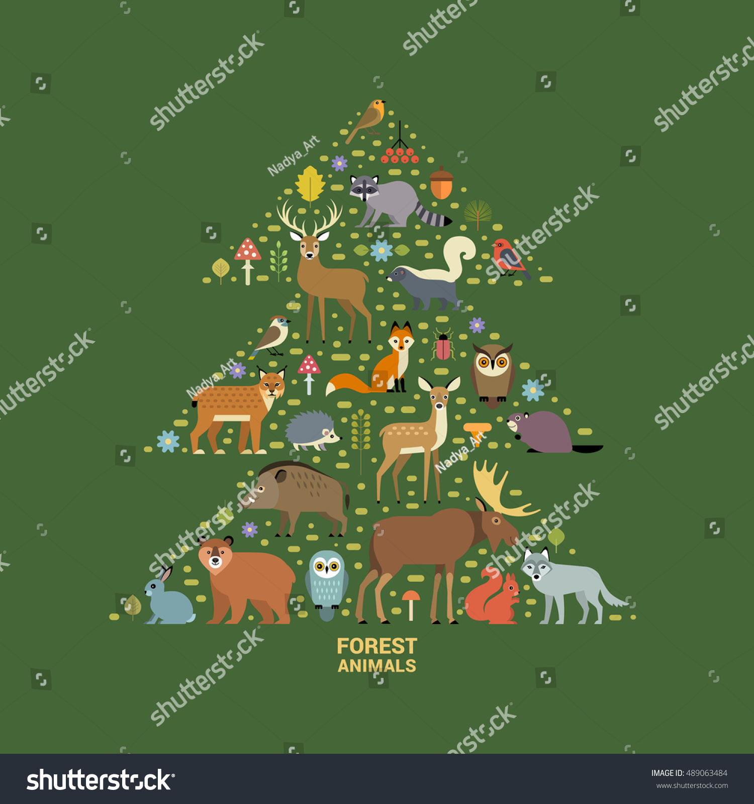 Vector poster with forest animals and plants arranged in silhouette of a fir tree isolated