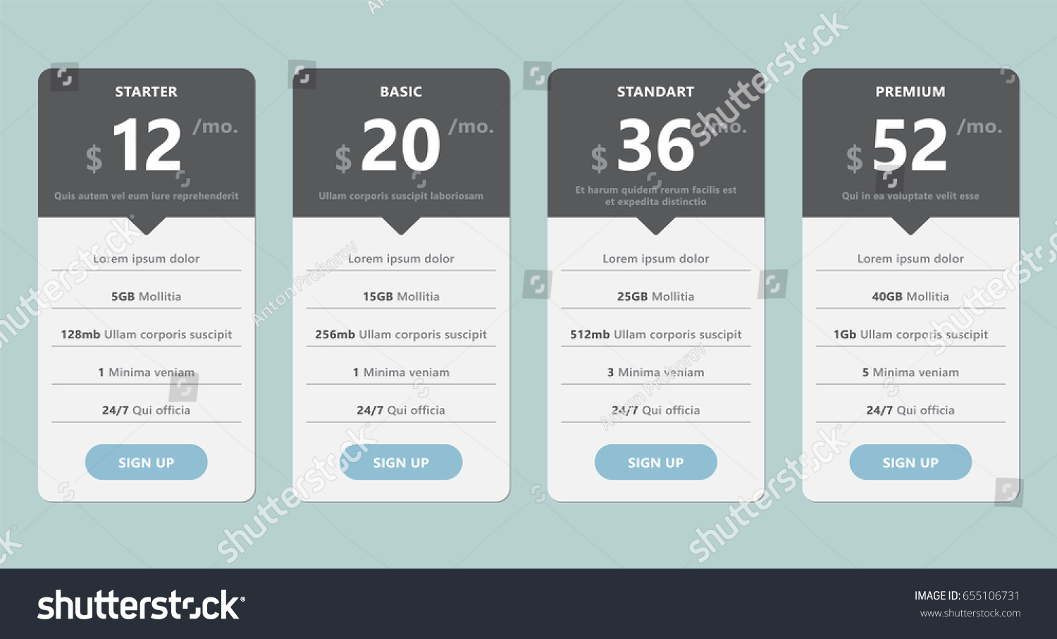 Vector Pricing Table Template Design Business Stock Vector 655106731 Shutterstock Software Pricing Template