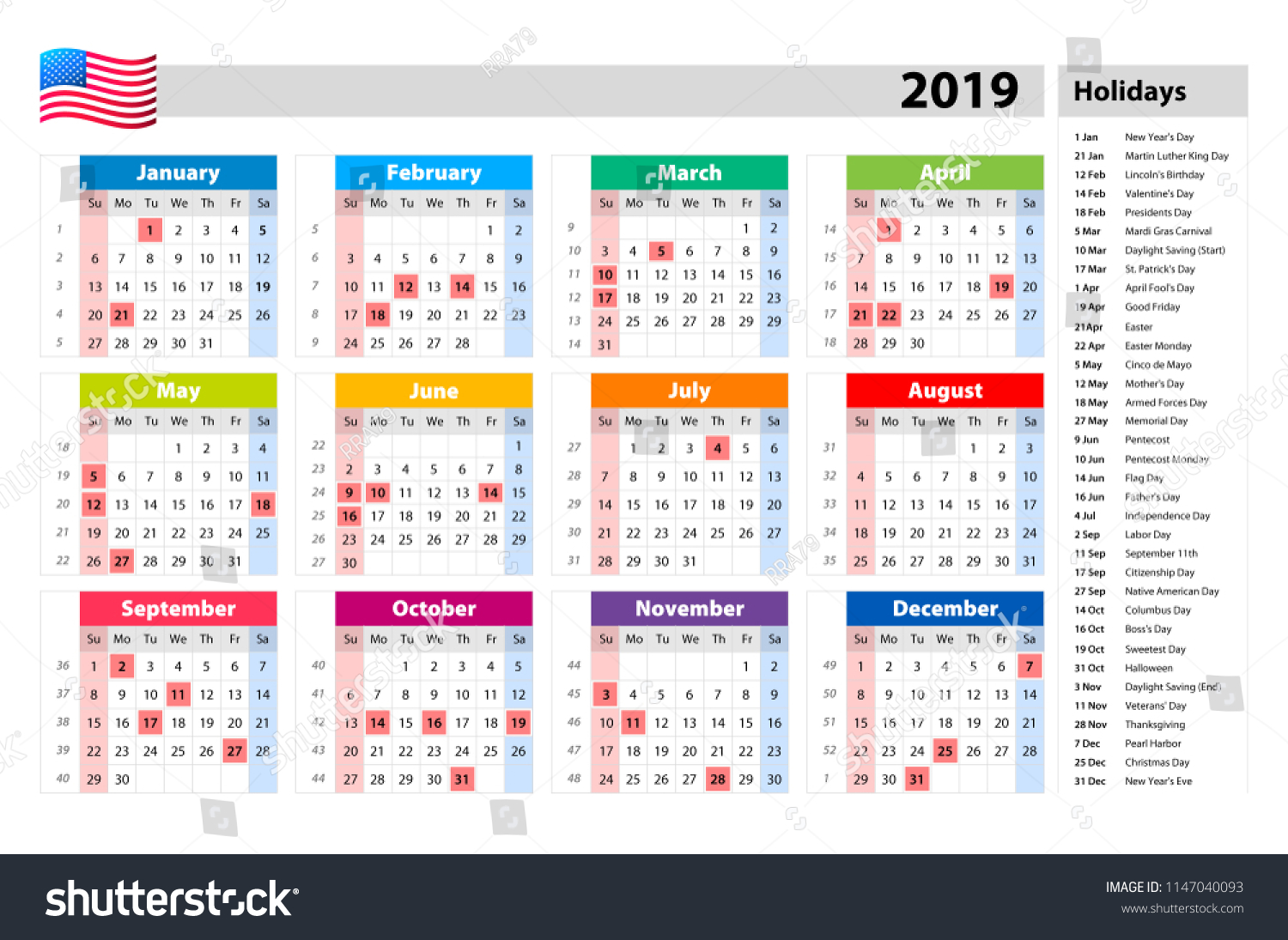 Vector Public Holidays USA Calendar 2019 Stock Vector ...