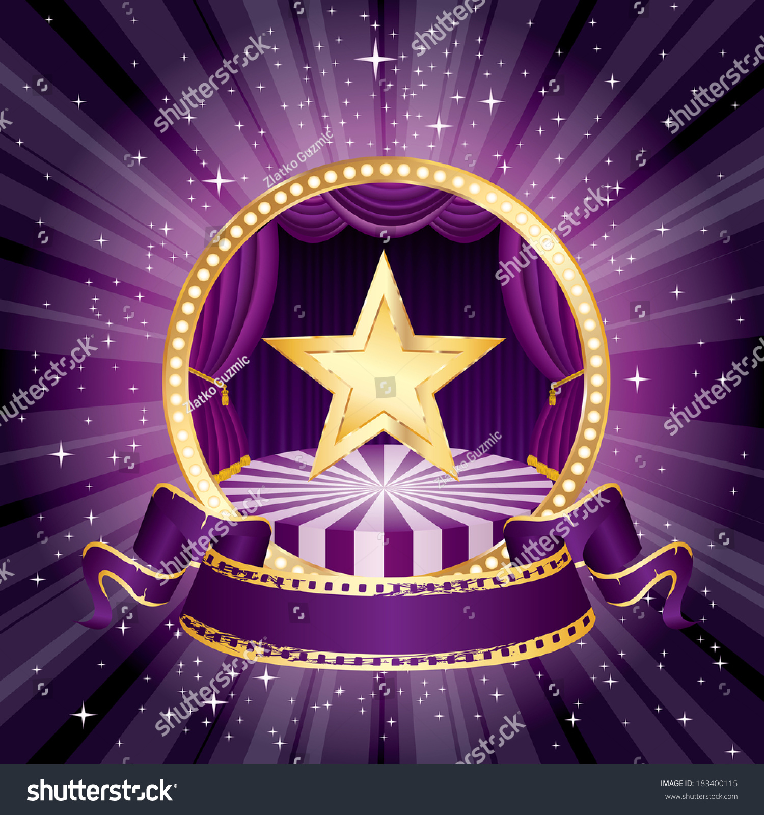 Vector Purple Circle Circus Stage With Golden Star And Blank Banner ...