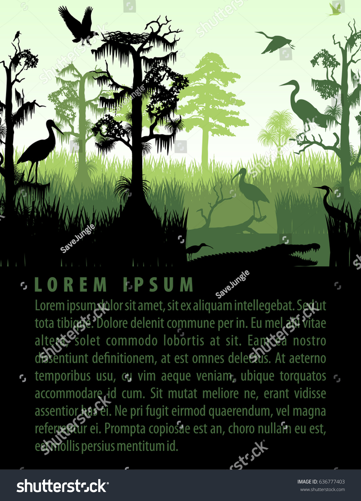 SVG of vector rainforest wetland silhouettes in sunset design template svg