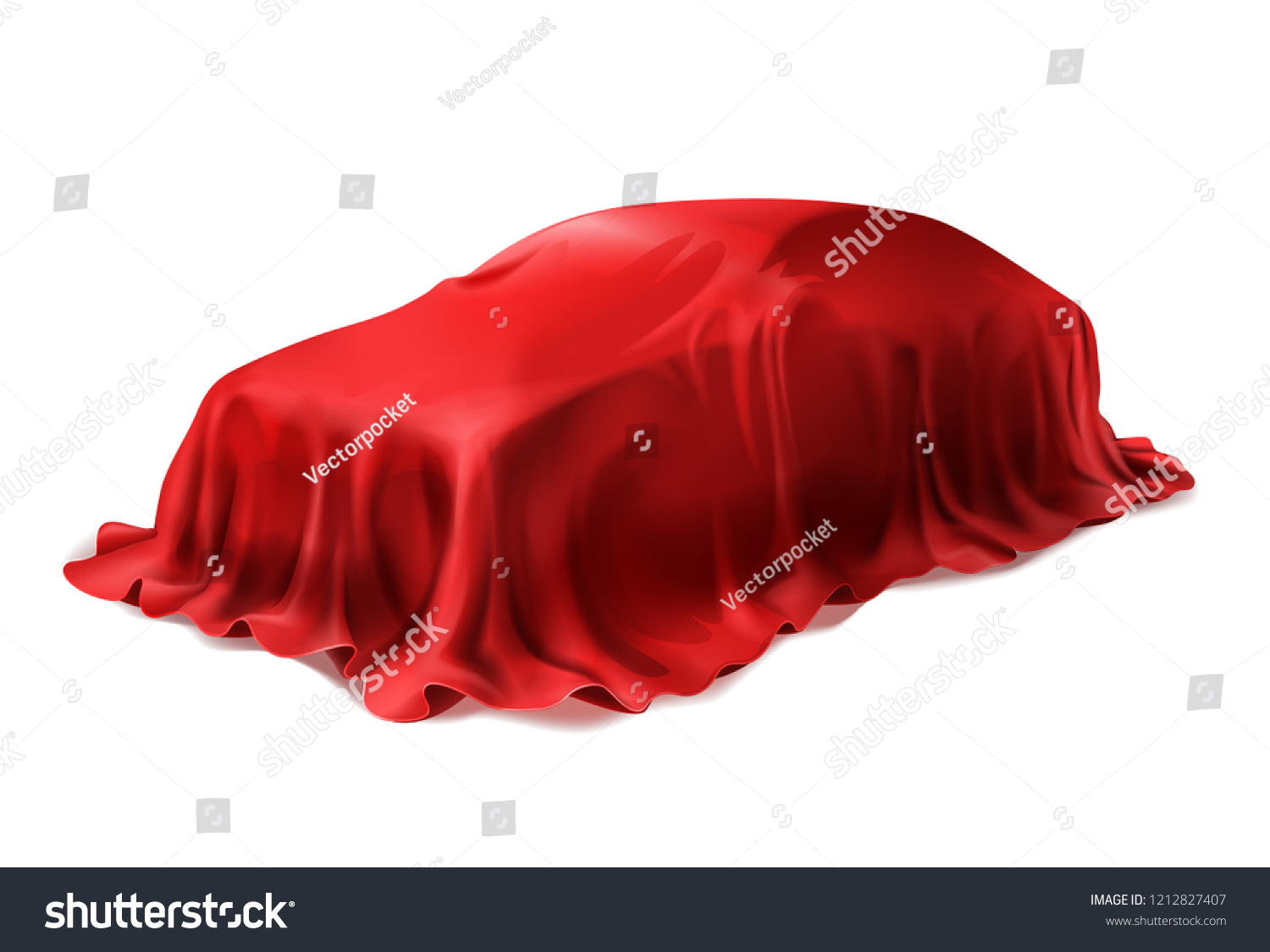 SVG of Vector realistic car covered with red silk isolated on white background. Presentation of new car in dealership, auto surprise under scarlet cloth. svg