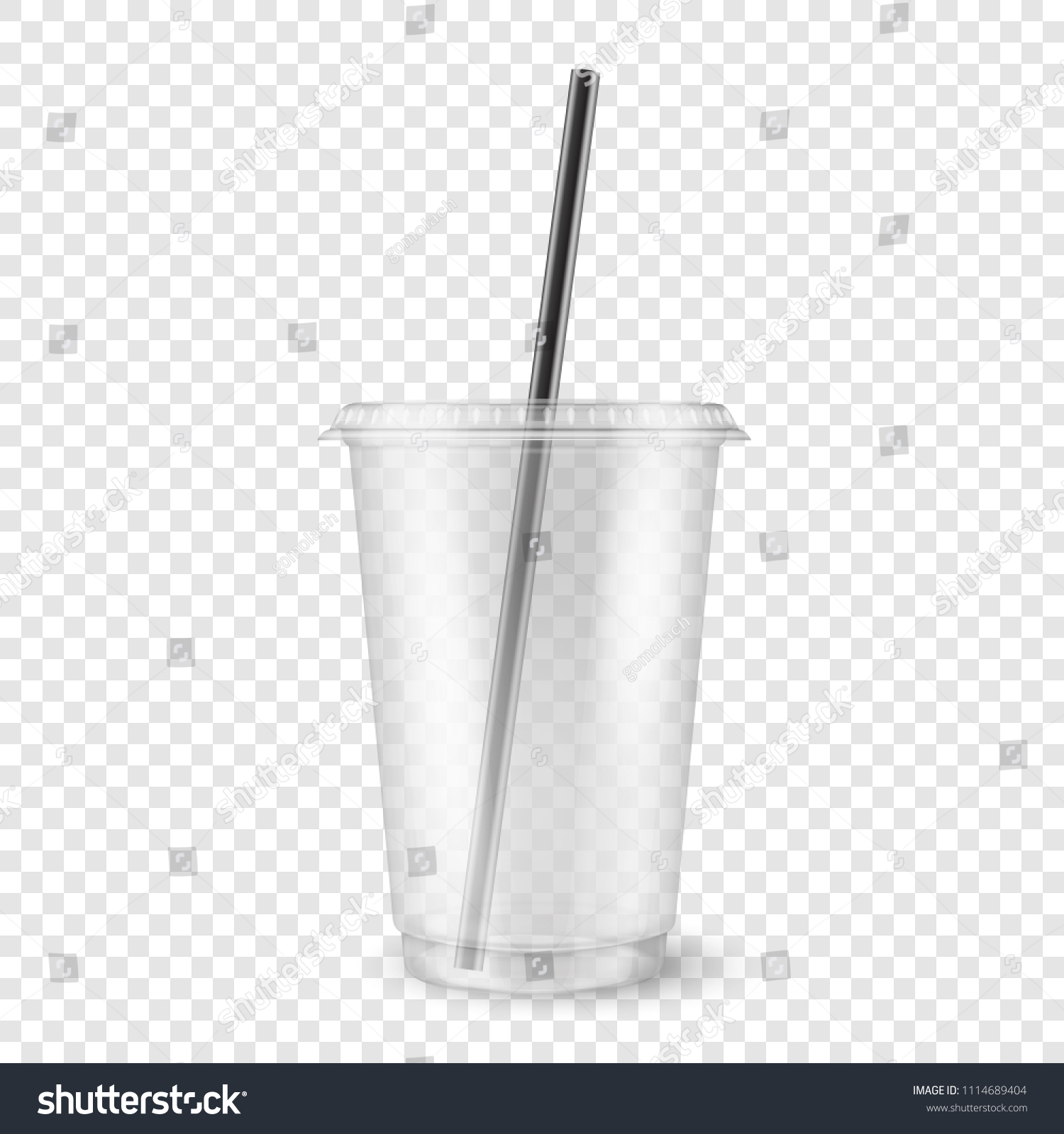 SVG of Vector realistic 3d empty clear plastic disposable cup with a straw closeup isolated on transparency grid background. Design template of packaging mockup for graphics - milkshake, tea, fresh juice svg