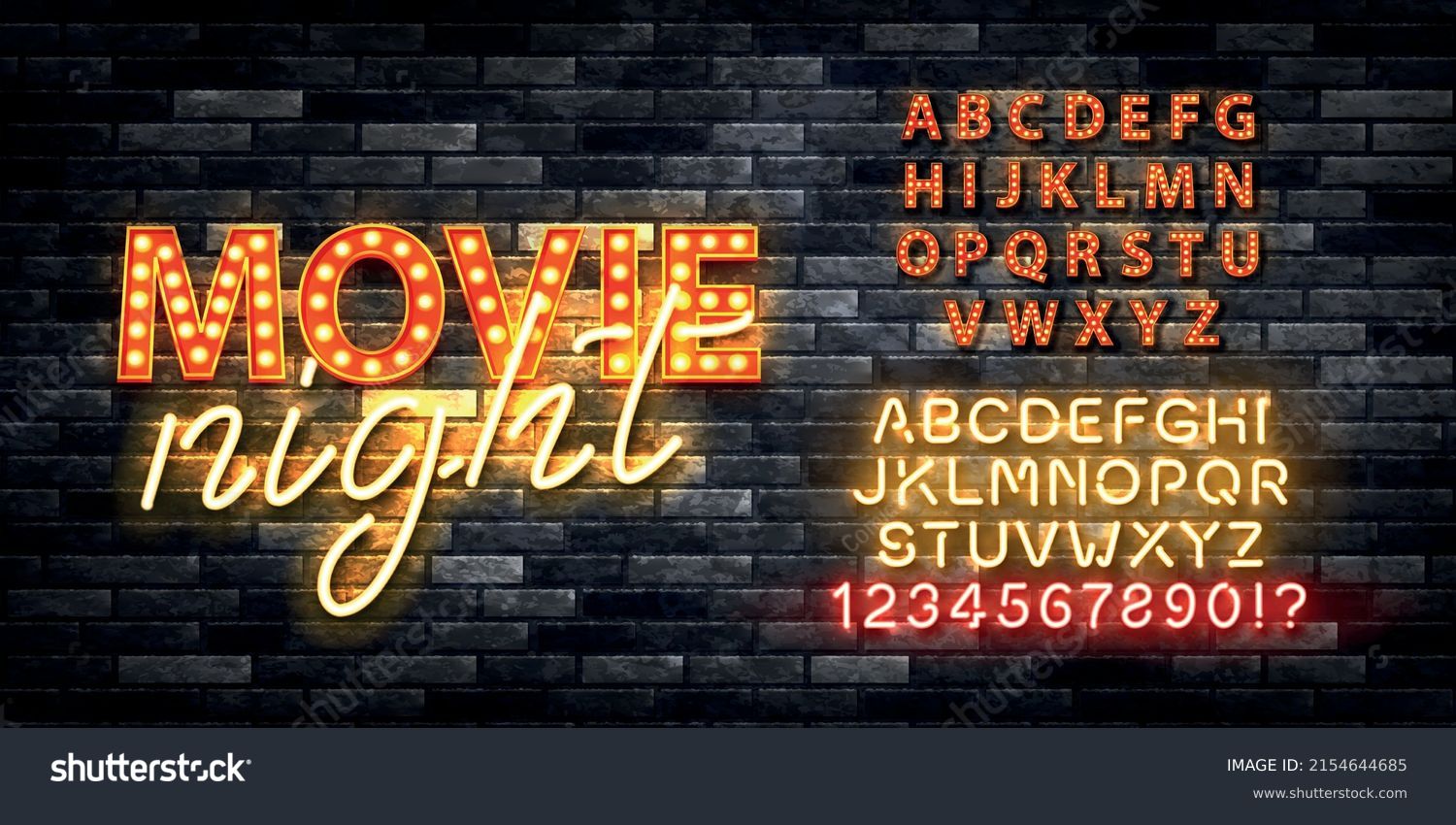 SVG of Vector realistic isolated retro marquee neon billboard with electric light lamps of Movie Night logo with easy to change color alphabet font on the wall background. svg