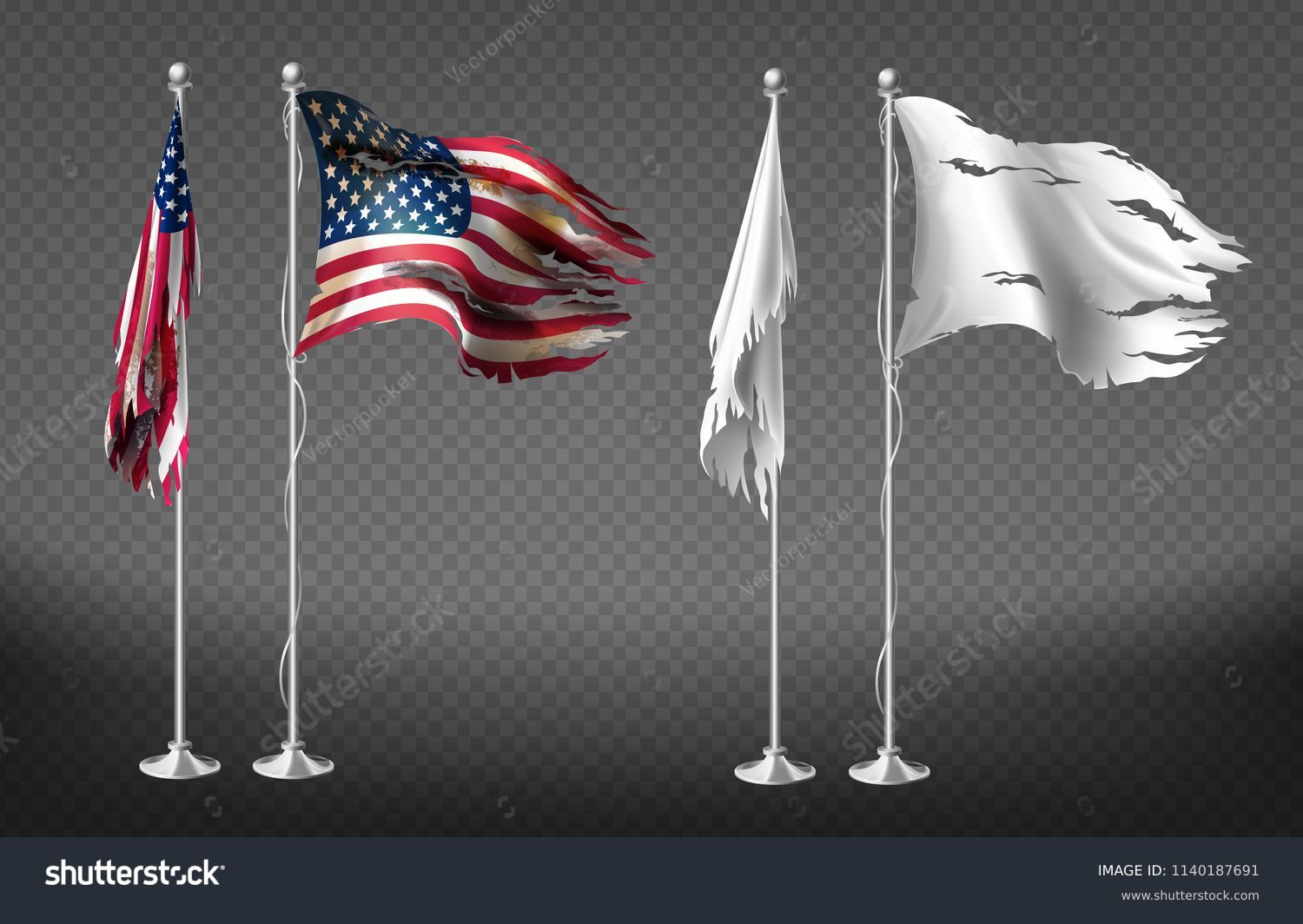 SVG of Vector realistic set with damaged flags of United States of America on steel poles isolated on transparent background. Dirty white banners with ragged edges on flagpole. Clipart for your design svg