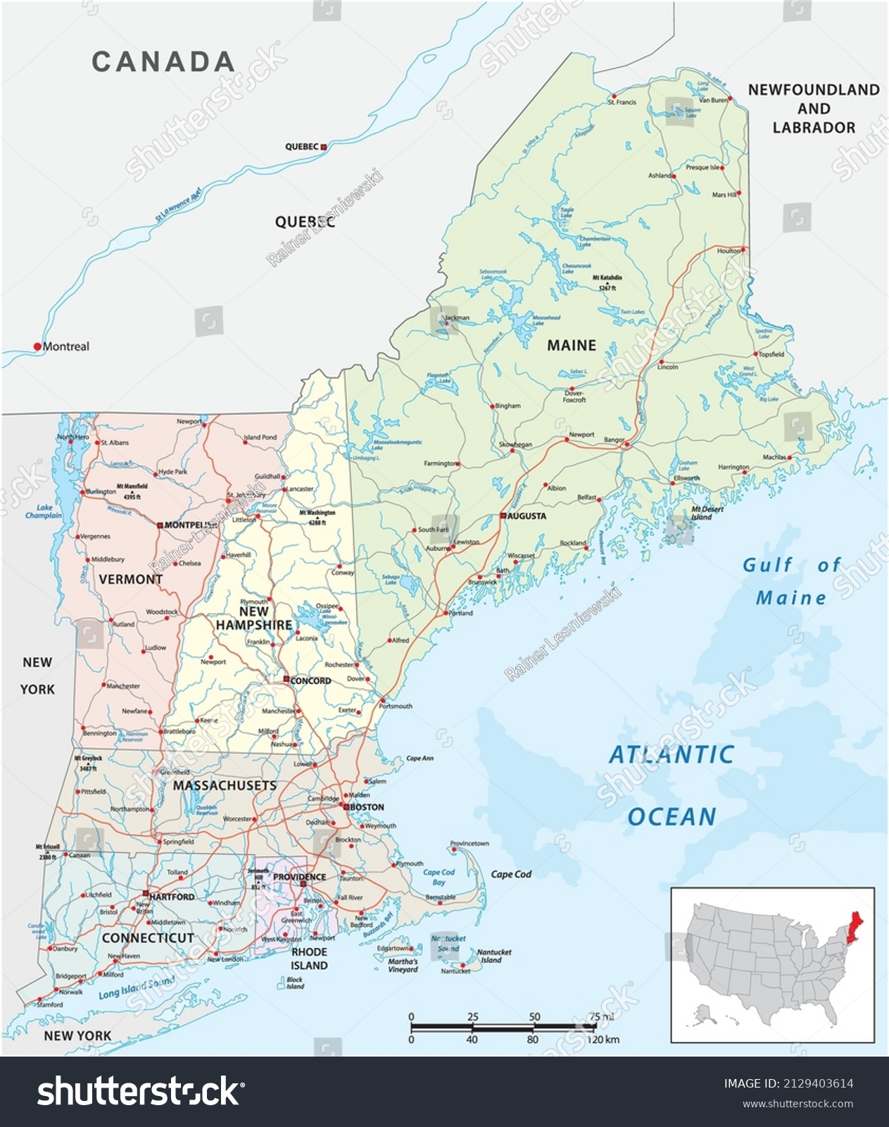 SVG of vector road map of the six new england states, united states svg