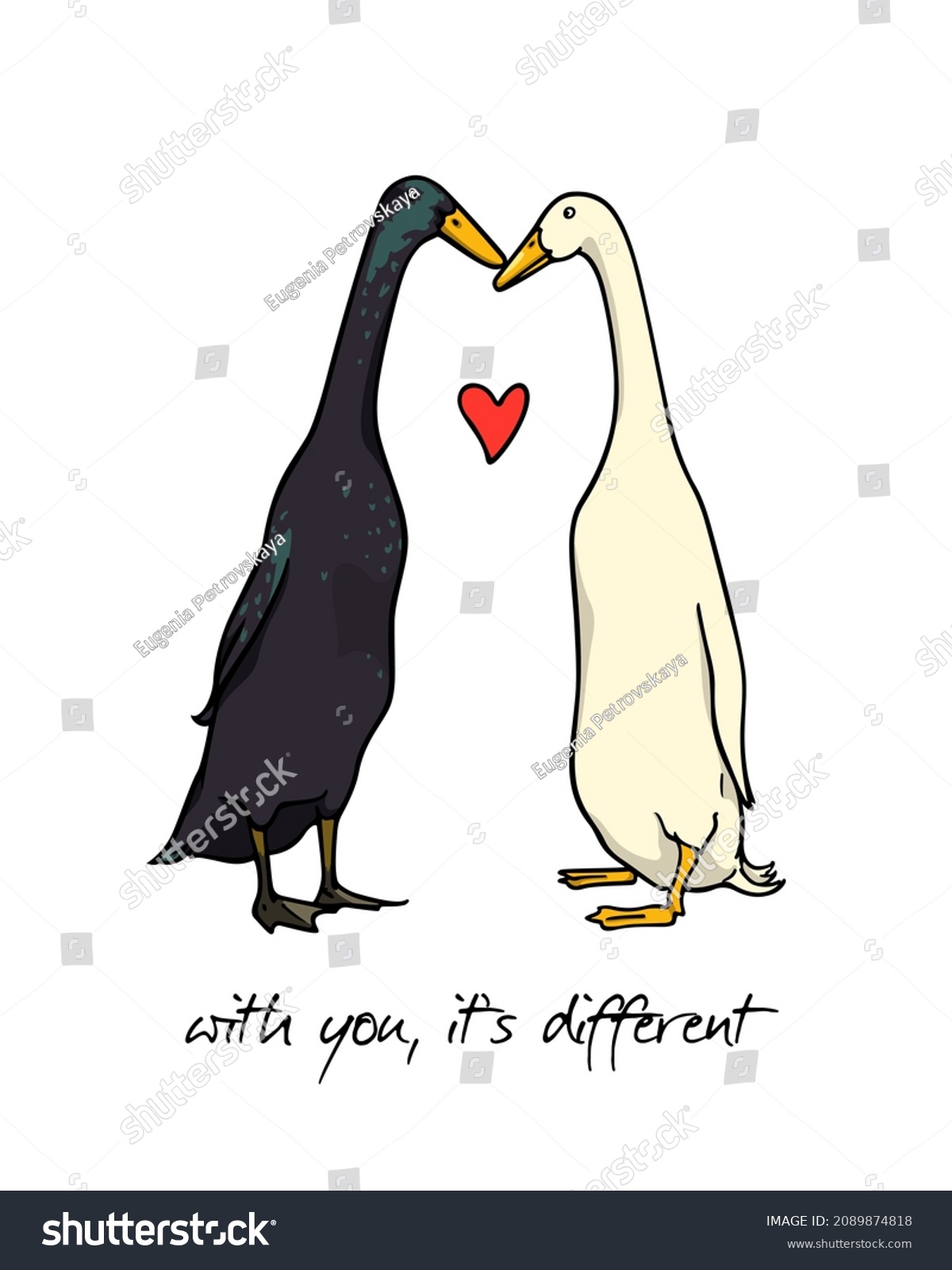 SVG of Vector romantic card with a cute couple of  Indian Runner ducks of different breeds in love. Ink drawing, graphic style. Beautiful Valentine's Day celebration design elements. svg