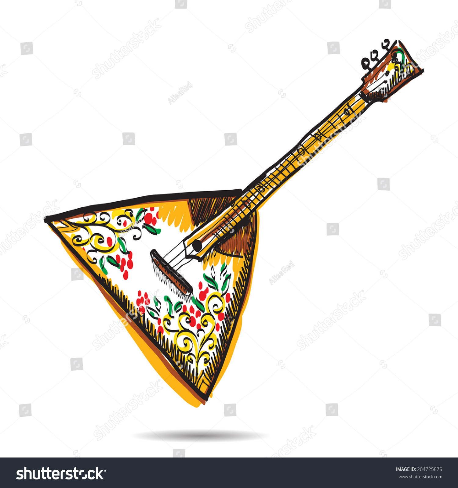 hand-drawn balalaika with floral pattern on white clip art preview