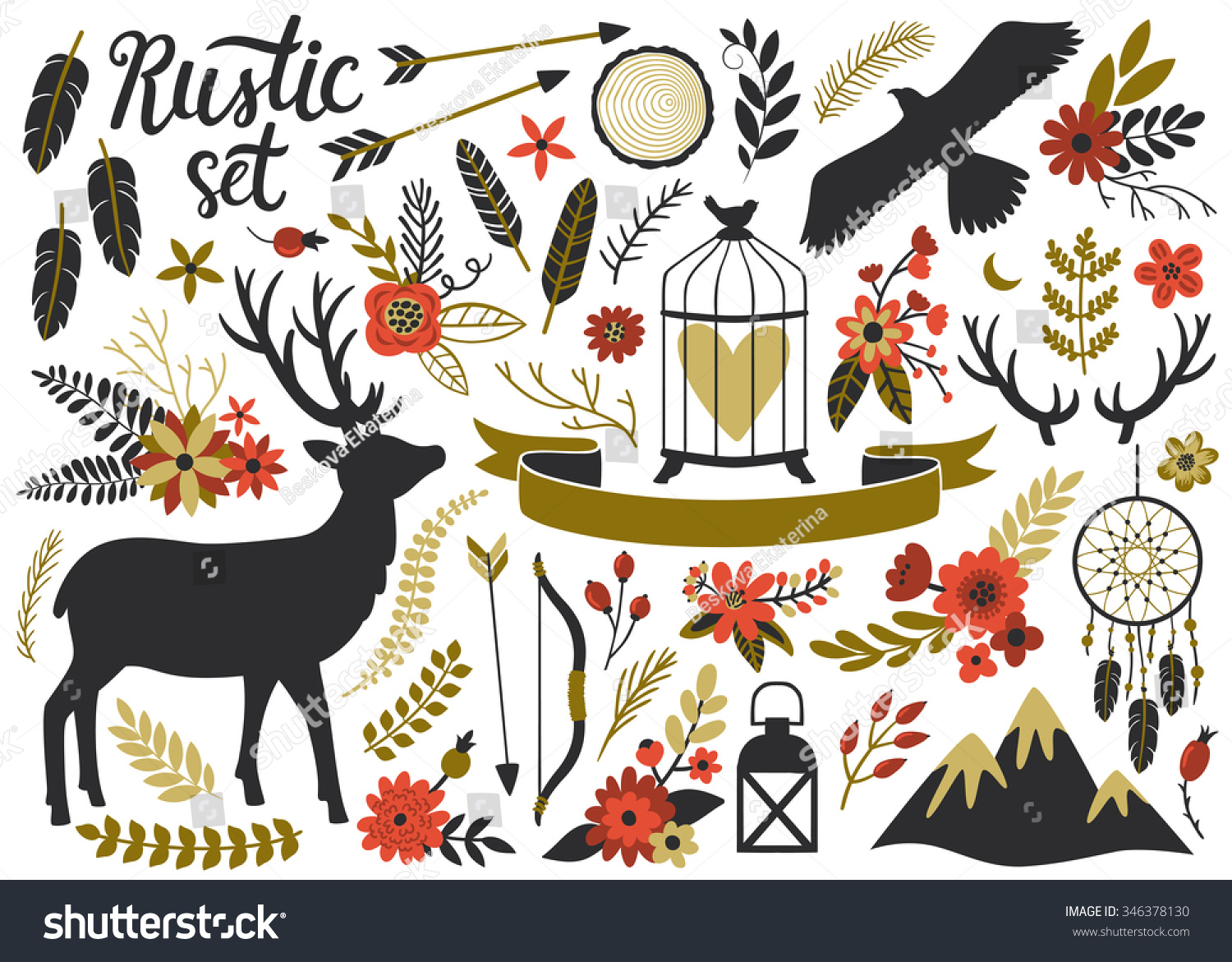 Vector Rustic Set With Deer Eagle Mountains Dream Catcher Lantern Ribbon Vector Rustic Set With Deer Eagle Mountains Dream Catcher Lantern Ribbon