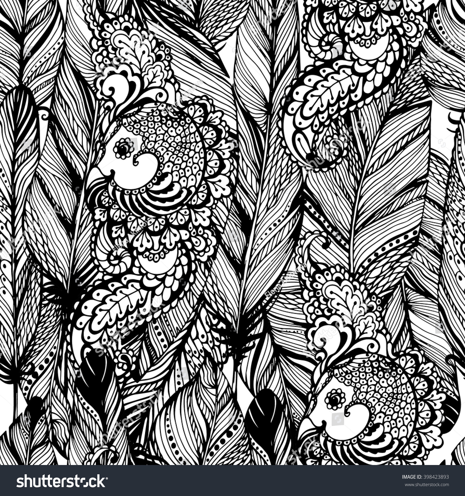 Vector Seamless Background With Feathers And Bird In Bohemian Style ...