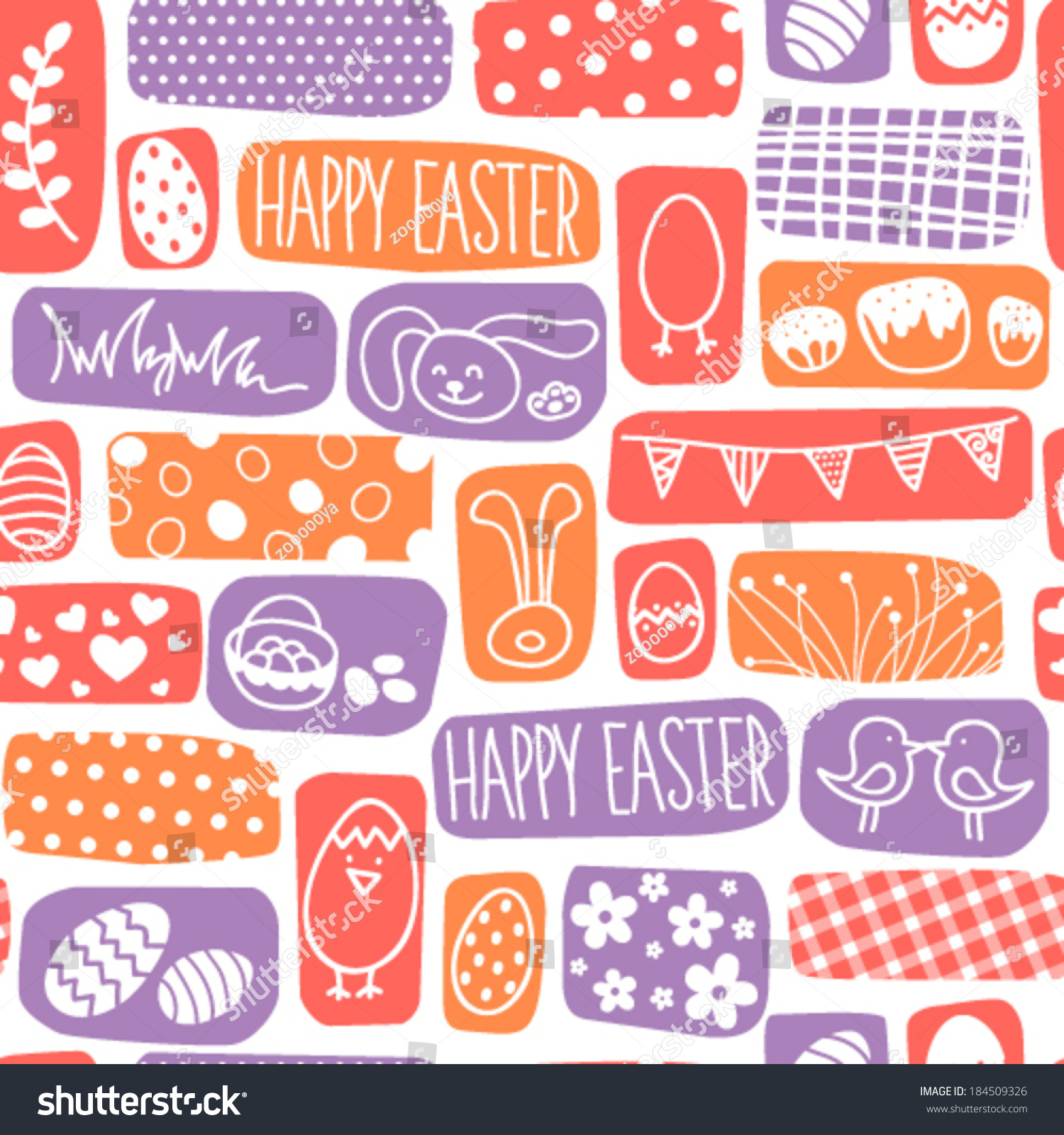 Vector seamless Easter bunnies, pussy-willows, flags, cakes, eggs ...