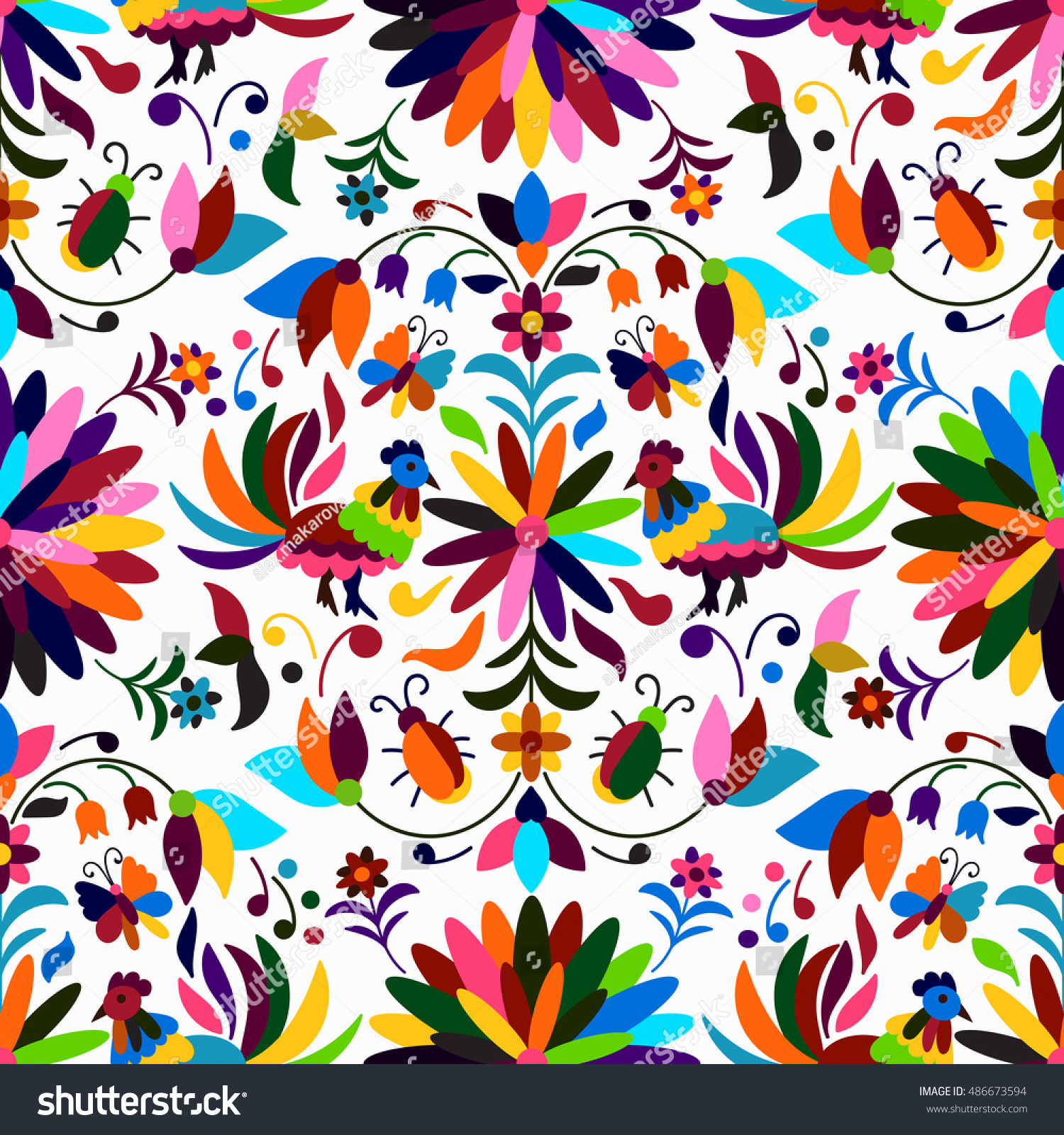 Vector Seamless Mexican Otomi Style Bright Stock Vector 486673594 