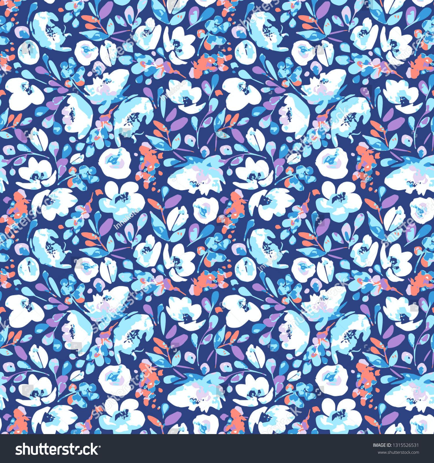 SVG of Vector seamless pattern, blooming absract white, blue flowers and violet, coral foliage. Illustration with floral  shapes and spots on navy background. Use in textiles, interior, wrapping paper. svg