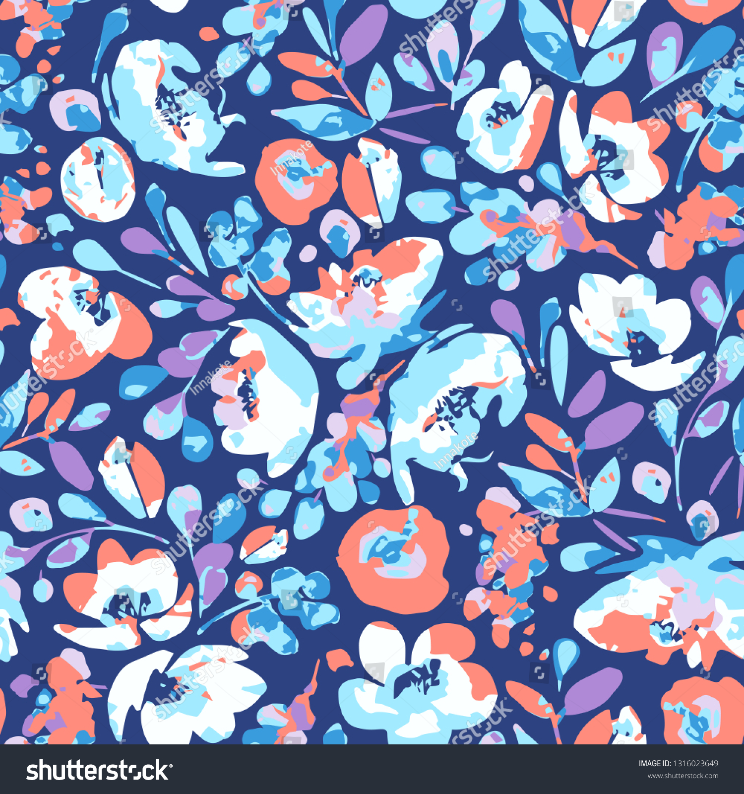 SVG of Vector seamless pattern, blooming absract white, blue flowers and violet, coral foliage. Illustration with floral composition on navy background. Use in textiles, interior, wrapping paper. svg