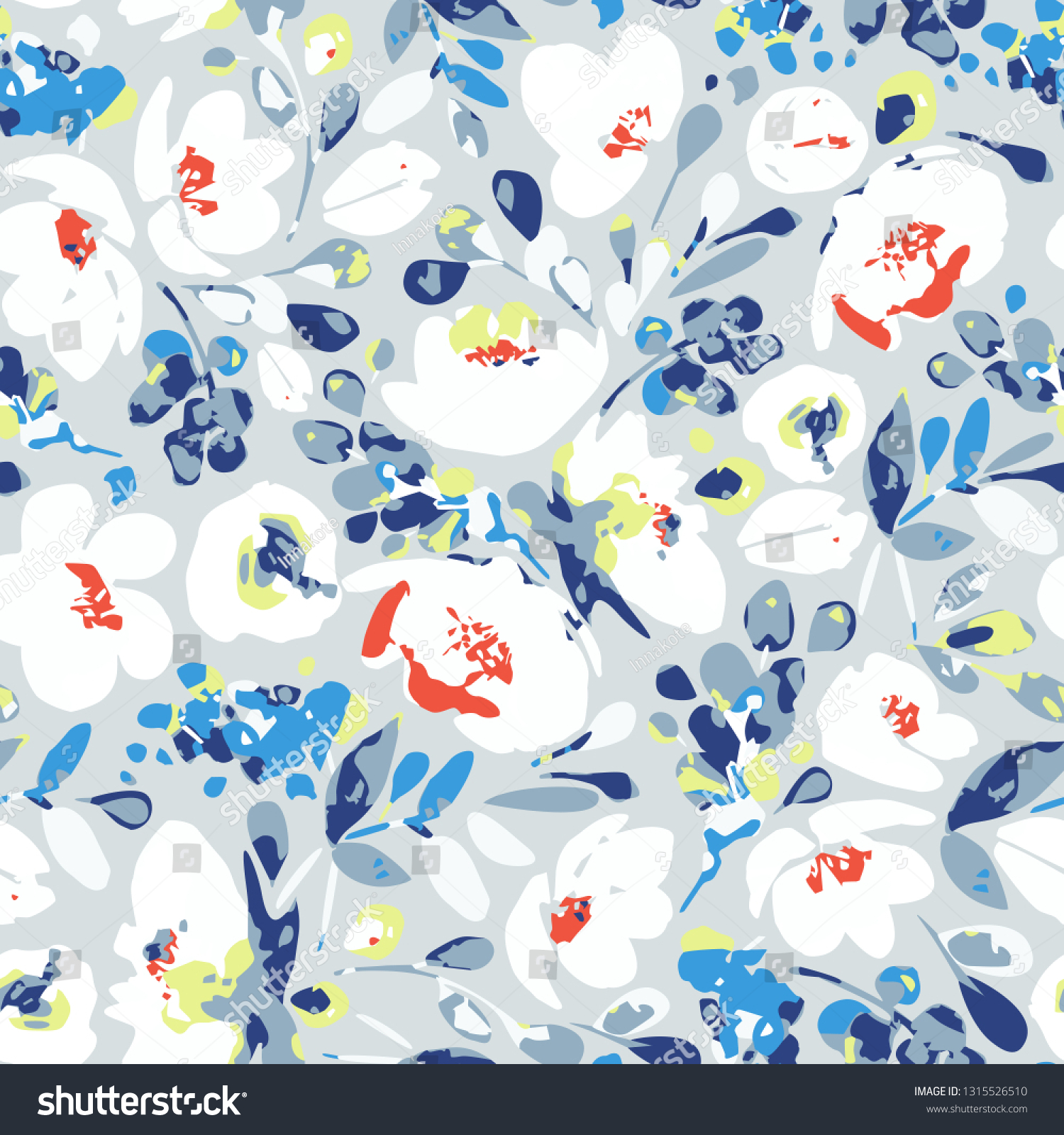 SVG of Vector seamless pattern, blooming abstract white flowers and blue, indigo foliage. Illustration with floral  shapes and spots on navy background. Use in textiles, interior, wrapping paper. svg