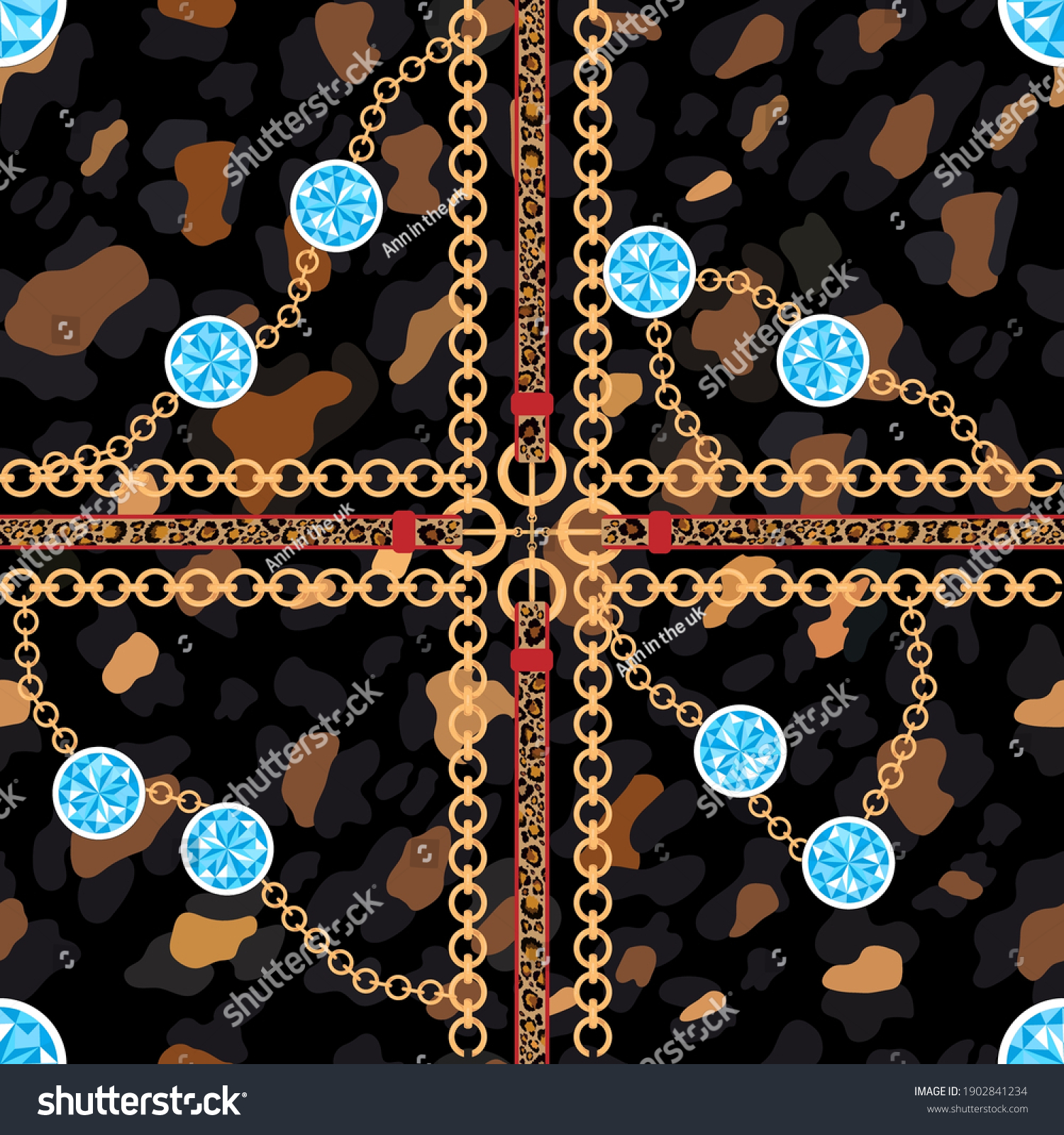 SVG of Vector seamless pattern of baroque trend, golden chain with blue topaz stone, leather belts on leopard print in black background, Vintage patch for scarfs, print and fabric svg