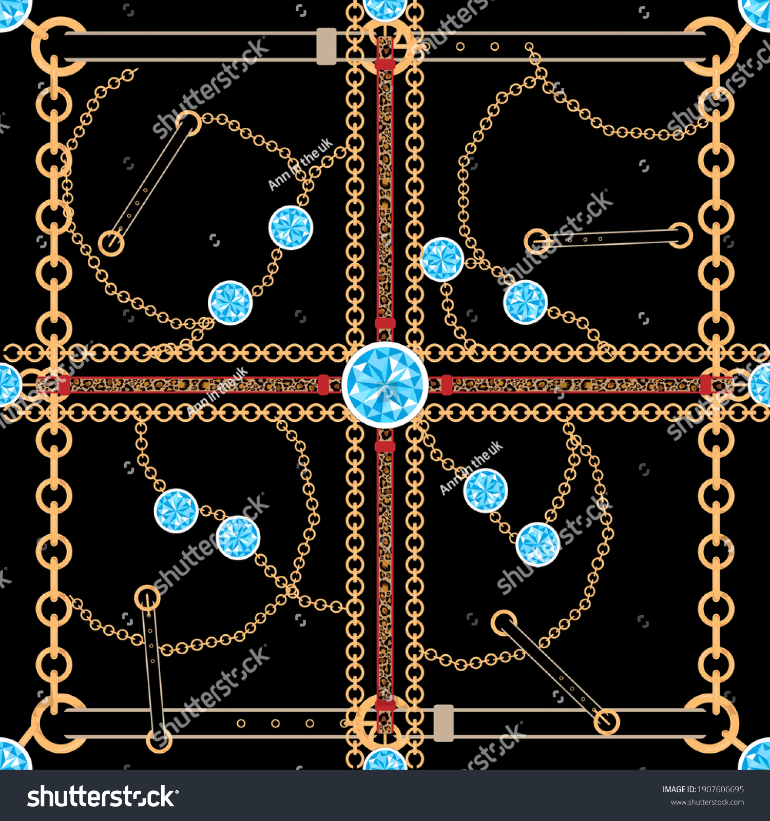 SVG of Vector seamless pattern of baroque trend, golden chain with blue topaz stone, leather leopard print on belts in black background, Endless jewellery in vintage patch for scarfs, print and fabric svg
