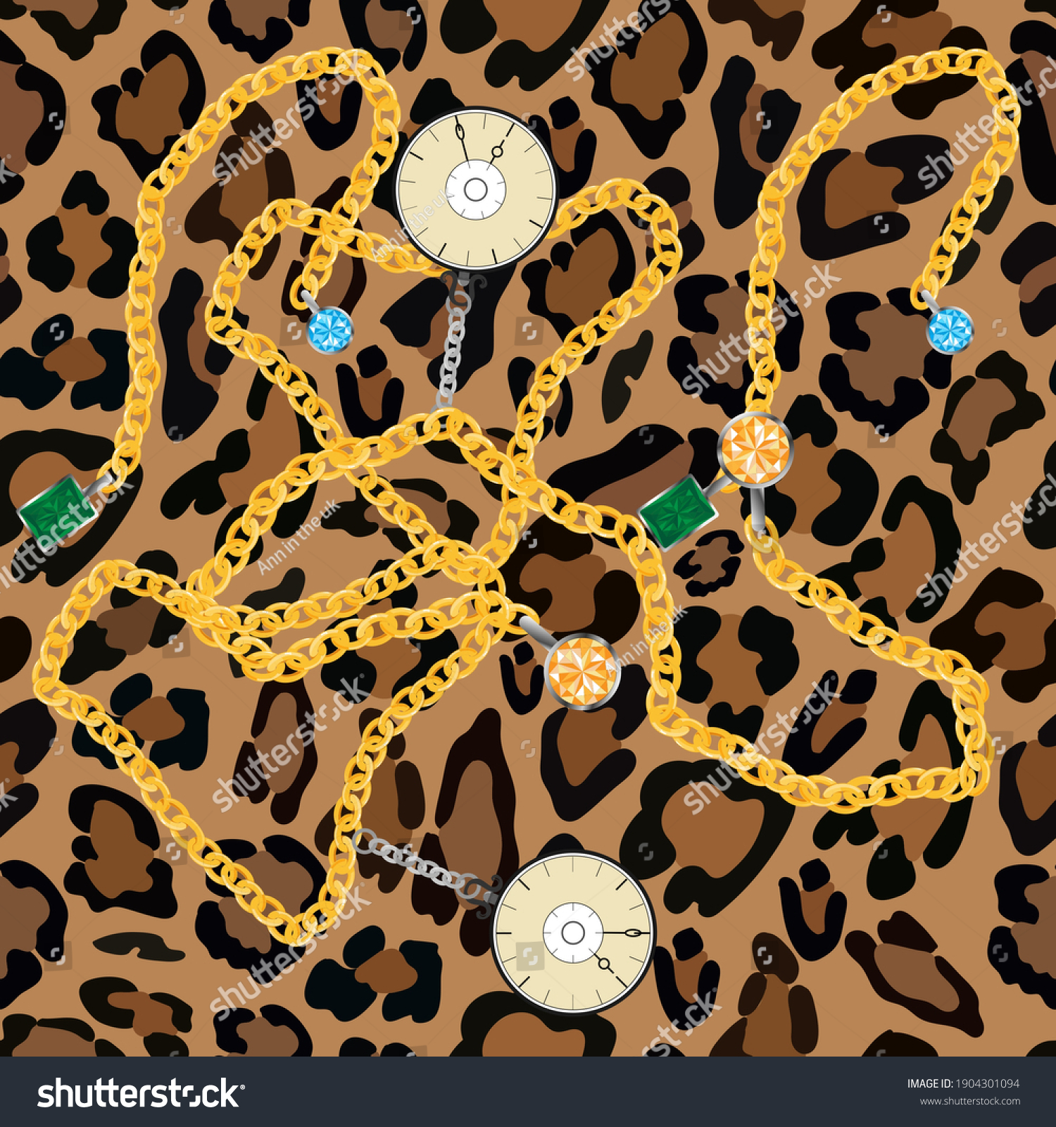 SVG of Vector Seamless pattern of leopard skin with gold chains with gemstone, peridot, blue topaz and vintage clock, Wild Animal pattern in brown and black colour for Vintage patch for textile and scarfs svg