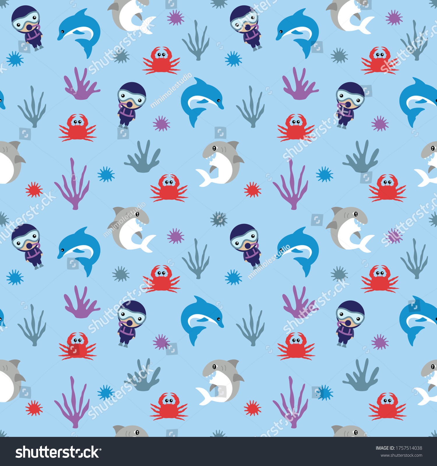 SVG of Vector seamless pattern of sharks, divers and dolphins. svg