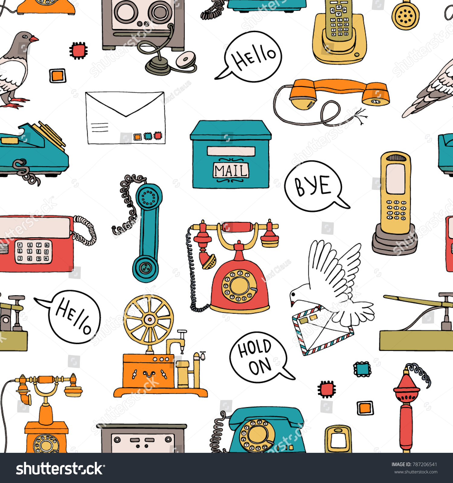 Vector seamless pattern of vintage means of munication Retro repeat backdrop with wired rotary dial