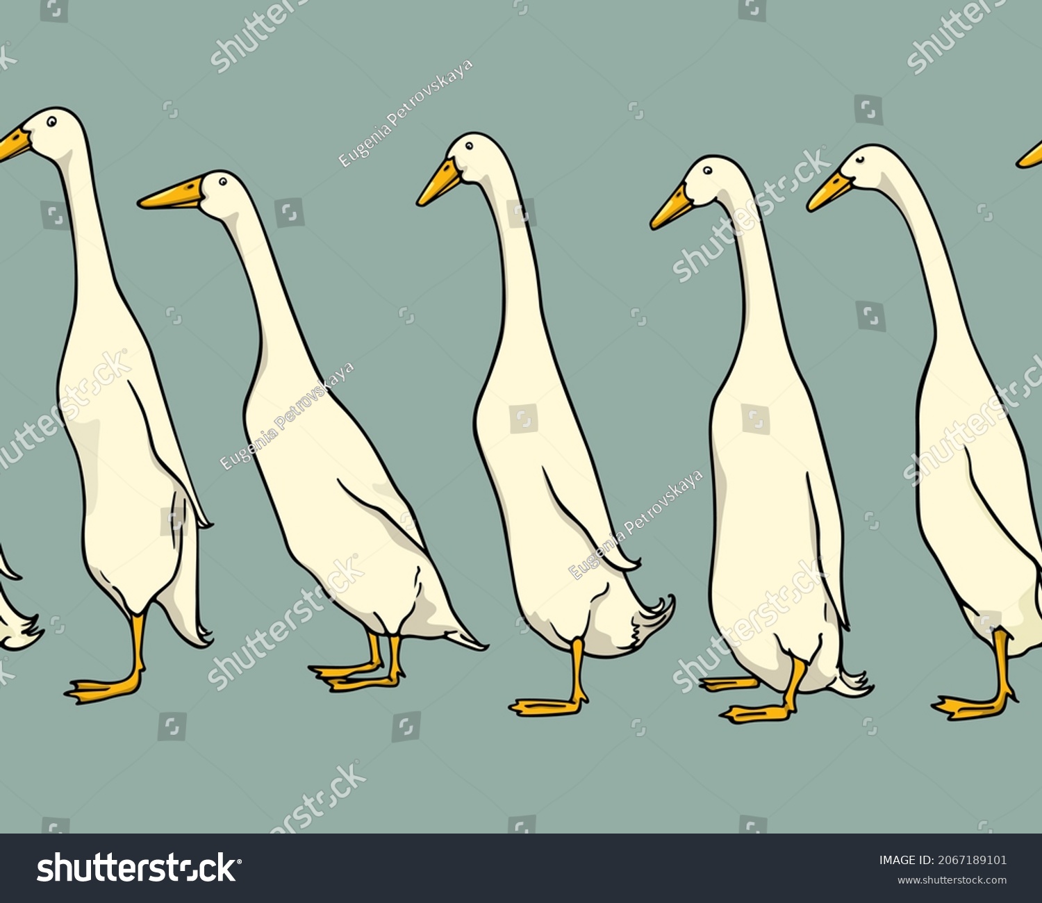 SVG of Vector seamless pattern with a row of hand drawn cute white Indian Runner ducks. Ink drawing, beautiful farm products design elements. Perfect for prints and patterns svg