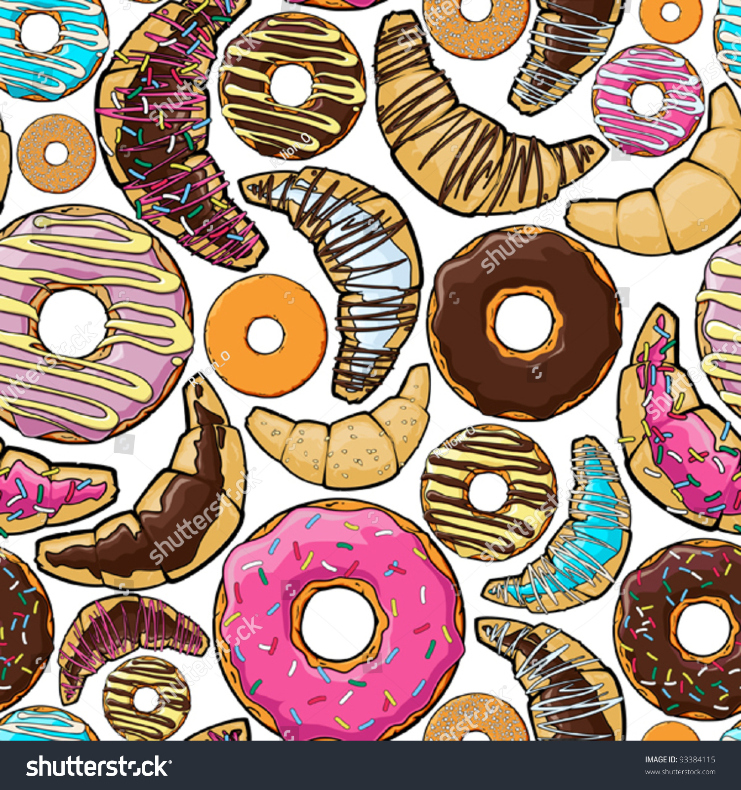 Vector Seamless Pattern With Cartoon Donuts And Croissants. - 93384115 ...