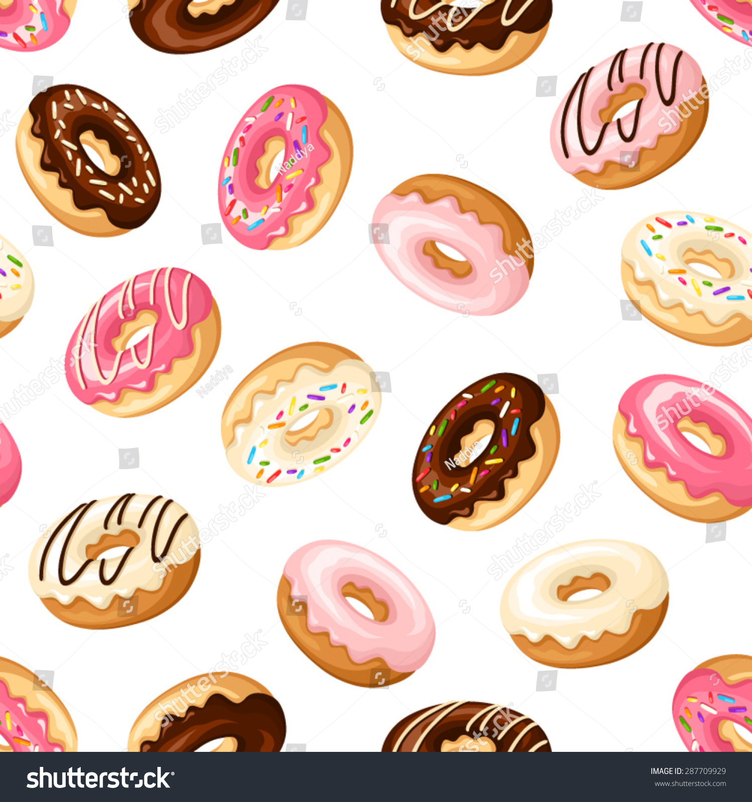 Vector Seamless Pattern With Colorful Donuts With Glaze And Sprinkles On A White Background 0068