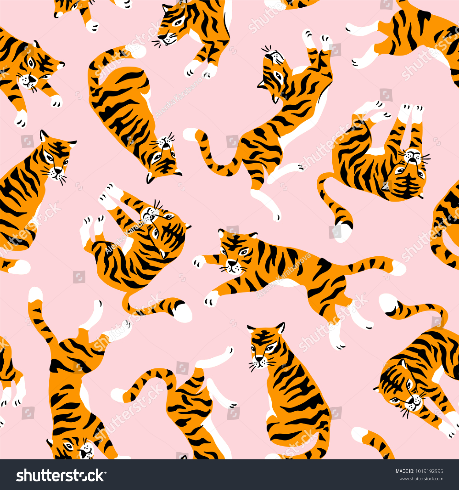 Vector Seamless Pattern Cute Tigers On Stock Vector Royalty Free 1019192995 