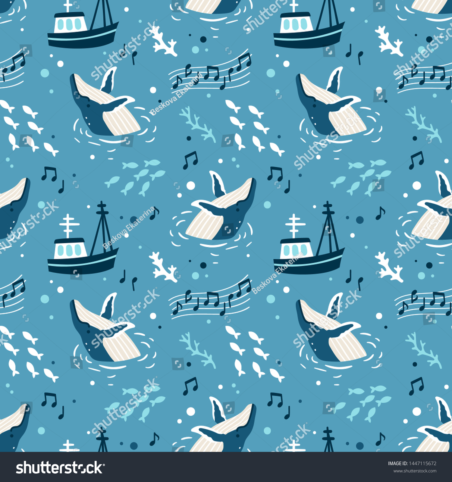 SVG of Vector seamless pattern with cute whales and fishing boats. Sea repeated texture with cartoon characters. Childish print for kids fabric and wrapping paper. Blue background. svg