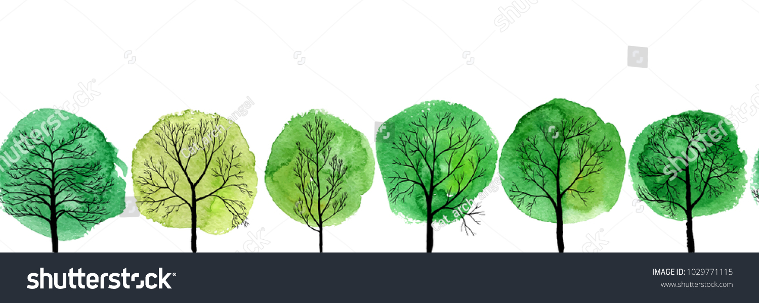 SVG of vector seamless pattern with deciduous trees and green watercolor foliage, hand drawn natural border svg