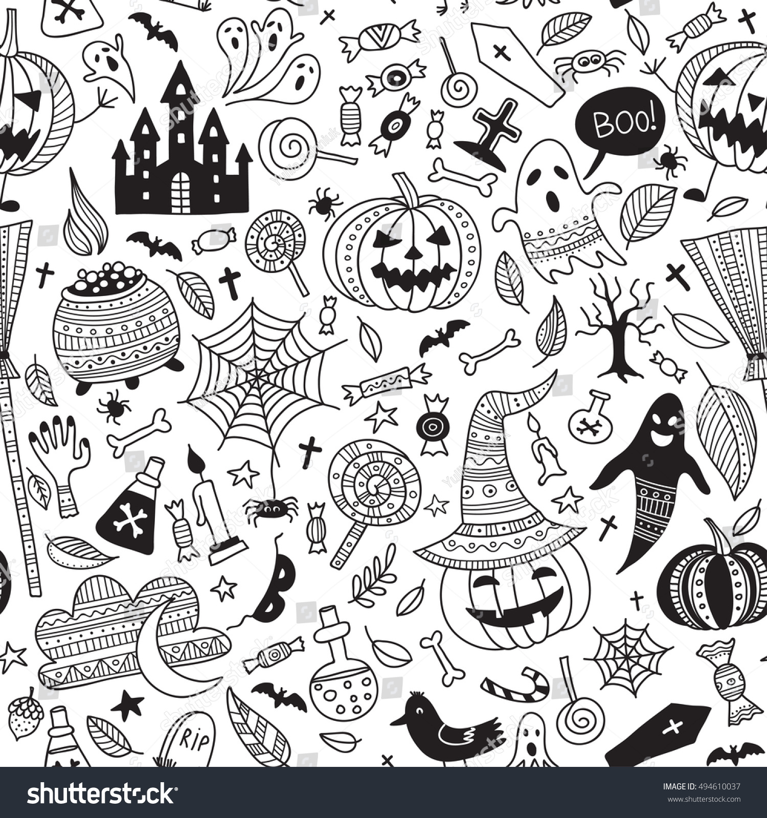 vector seamless pattern with halloween items in boho ornamental style can be printed and used - Halloween Items vector seamless pattern with halloween items in boho ornamental style can be printed and used - Halloween Items