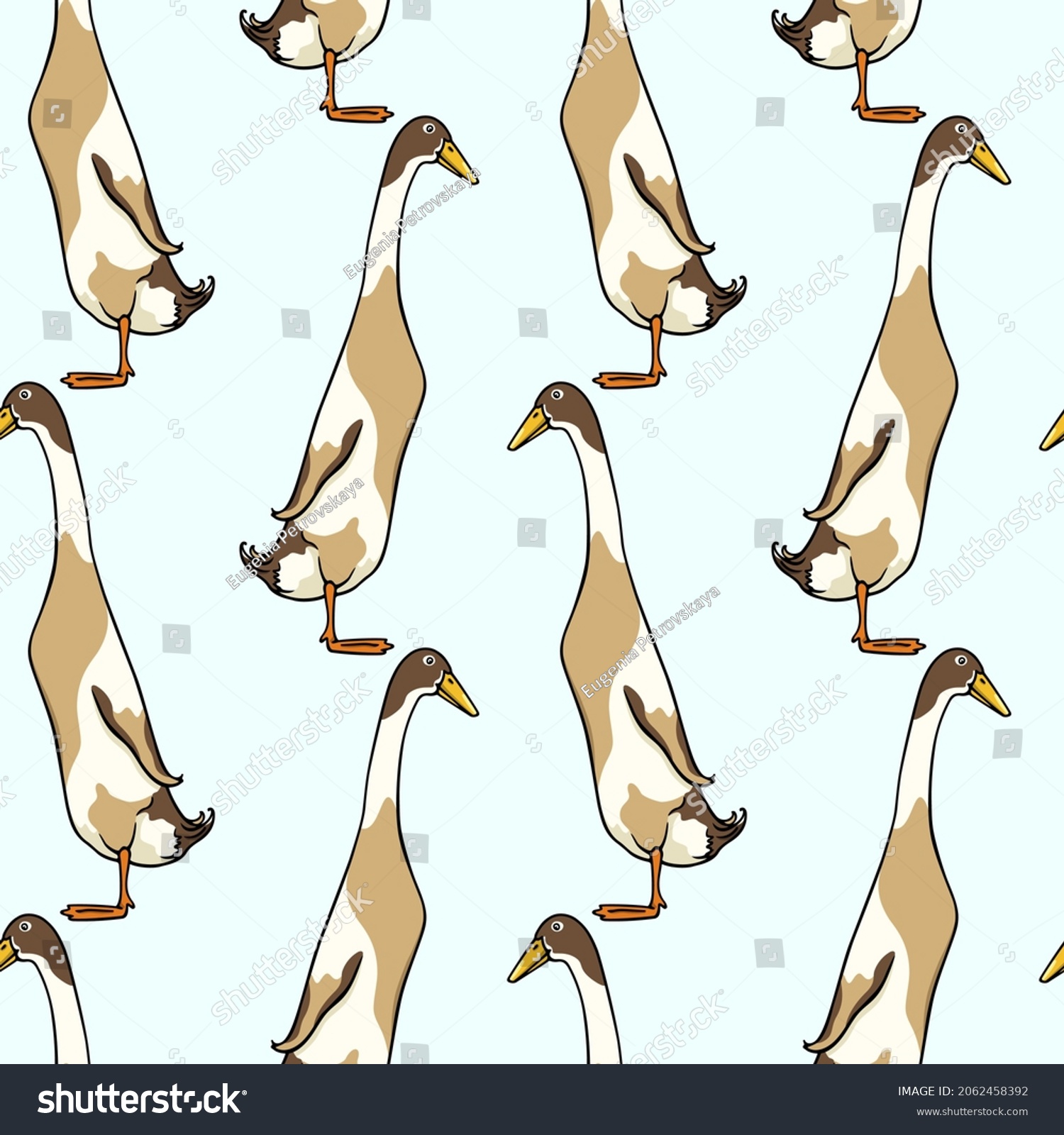 SVG of Vector seamless pattern with hand drawn cute fawn and white Indian Runner ducks. Ink drawing, beautiful farm products design elements. Perfect for prints and patterns svg